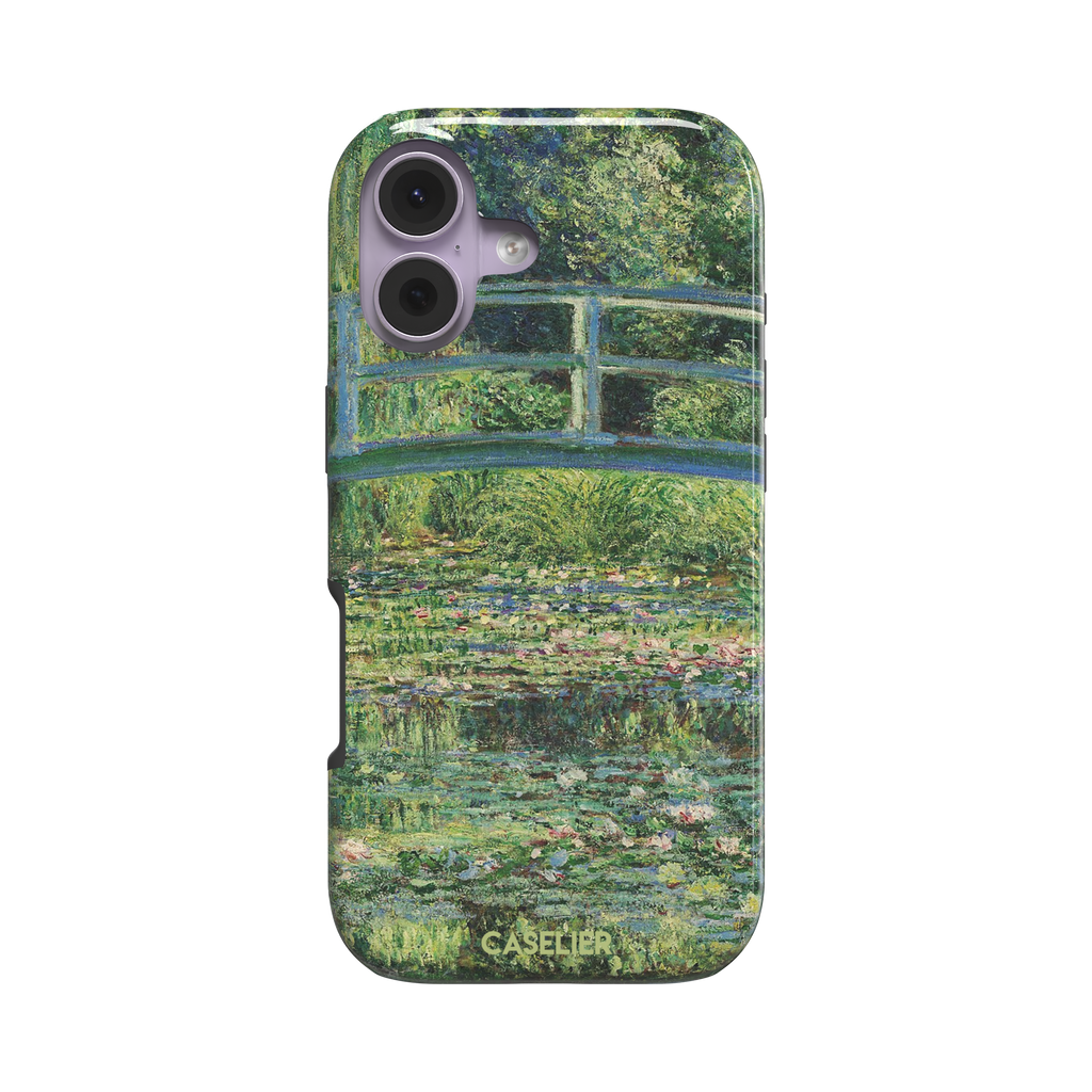 The Water Lily Pond by Claude Monet phone case showing the Japanese bridge over a green lily-covered pond with soft impressionist brushwork in deep greens and pink water lilies, phone case by Caselier — tough case, front view
