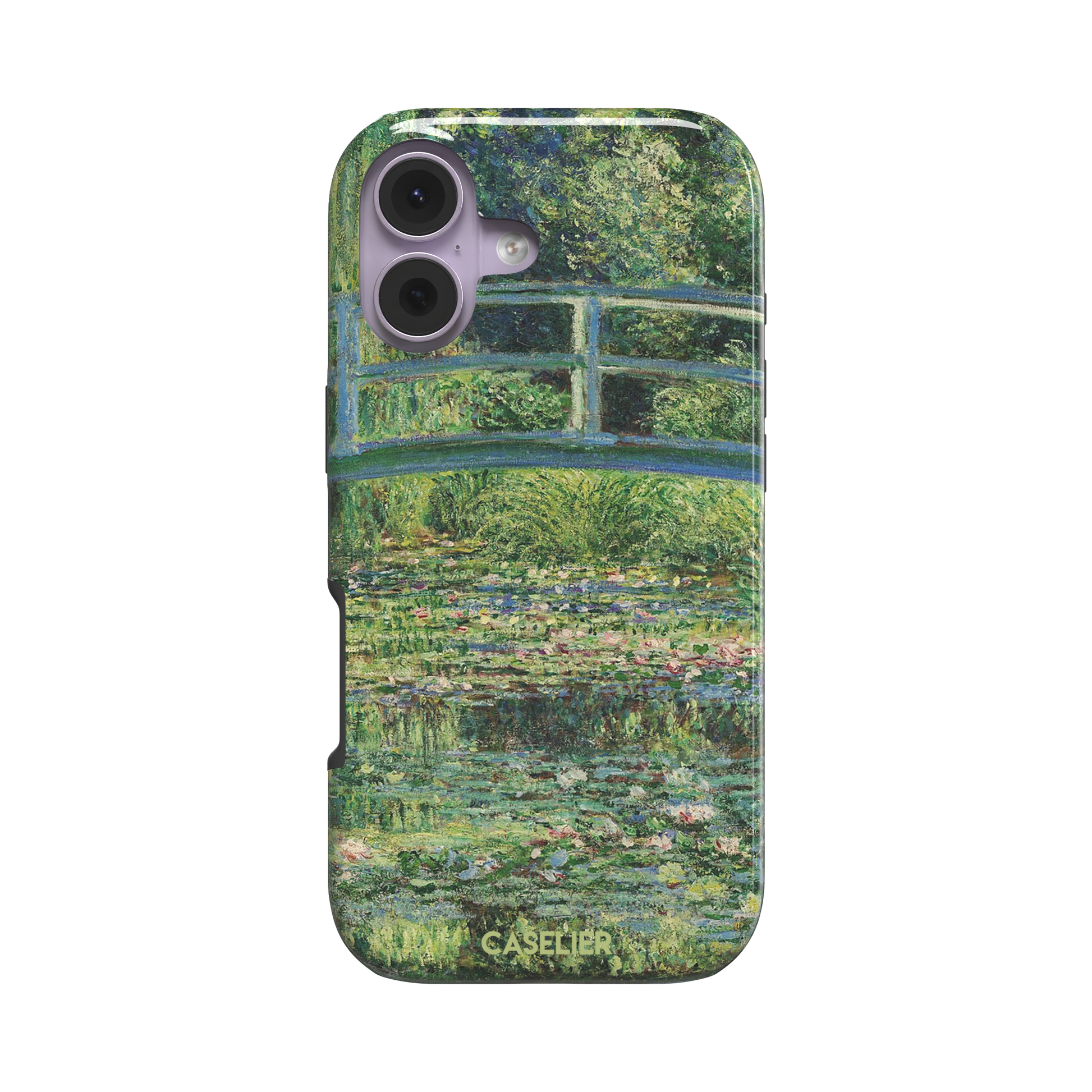 The Water Lily Pond by Claude Monet phone case showing the Japanese bridge over a green lily-covered pond with soft impressionist brushwork in deep greens and pink water lilies, phone case by Caselier — tough case, front view