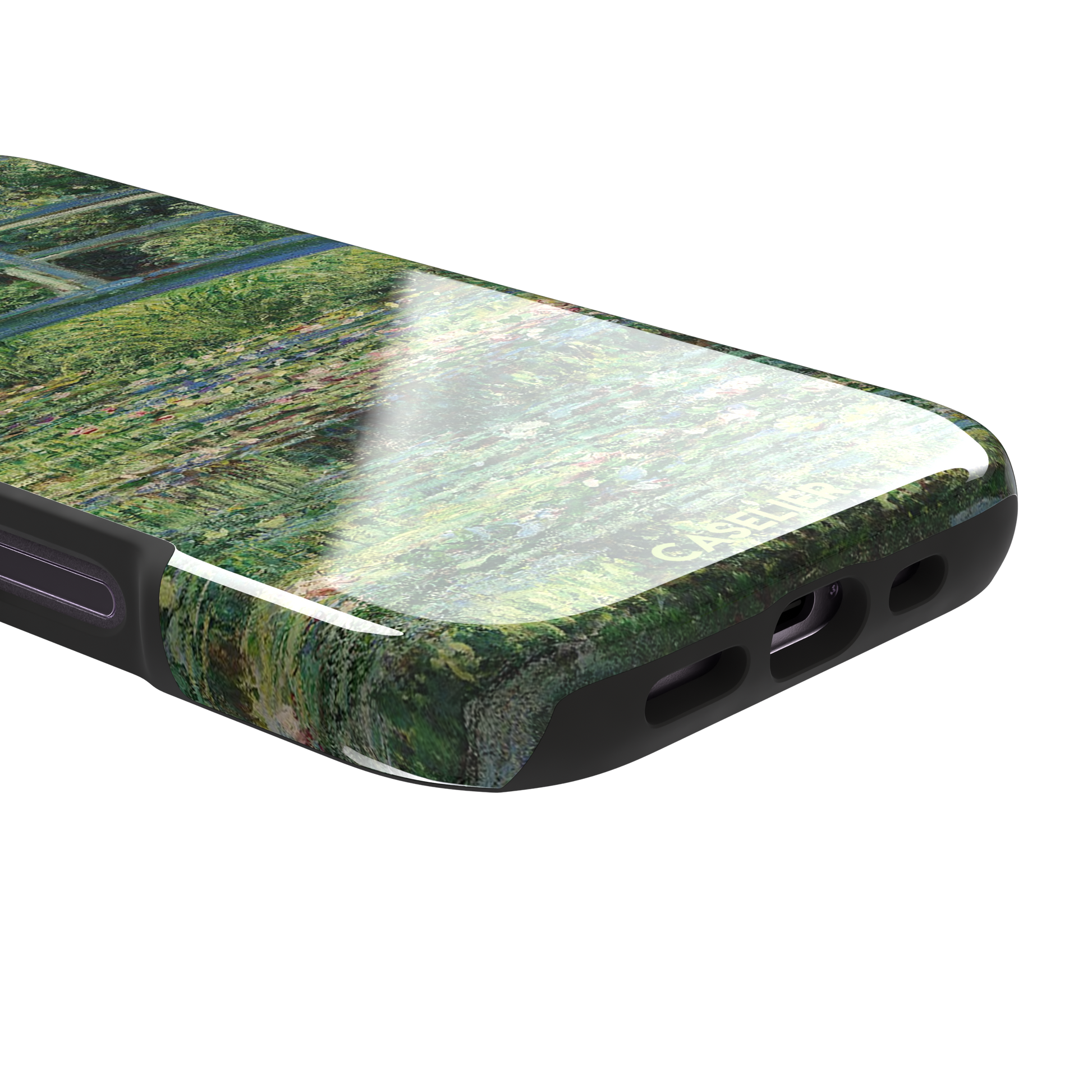 The Water Lily Pond by Claude Monet phone case showing the Japanese bridge over a green lily-covered pond with soft impressionist brushwork in deep greens and pink water lilies, phone case by Caselier — tough case, charging port detail