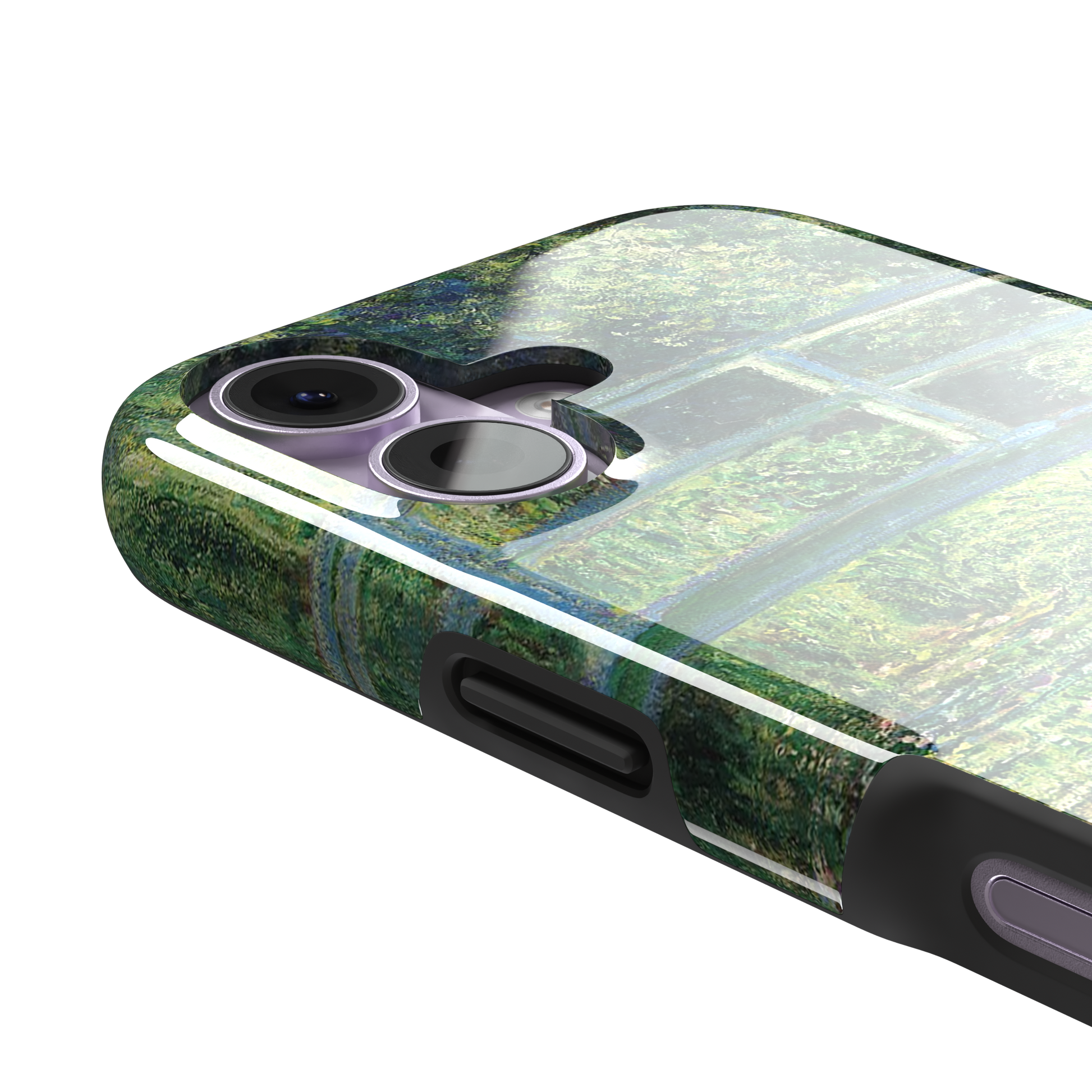 The Water Lily Pond by Claude Monet phone case showing the Japanese bridge over a green lily-covered pond with soft impressionist brushwork in deep greens and pink water lilies, phone case by Caselier — tough case, volume buttons detail