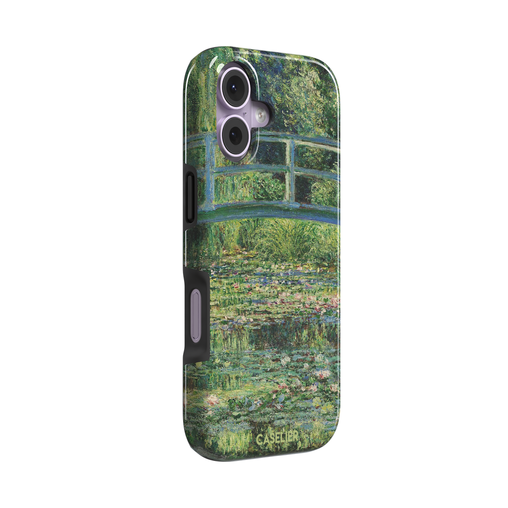 The Water Lily Pond by Claude Monet phone case showing the Japanese bridge over a green lily-covered pond with soft impressionist brushwork in deep greens and pink water lilies, phone case by Caselier — tough case, left view
