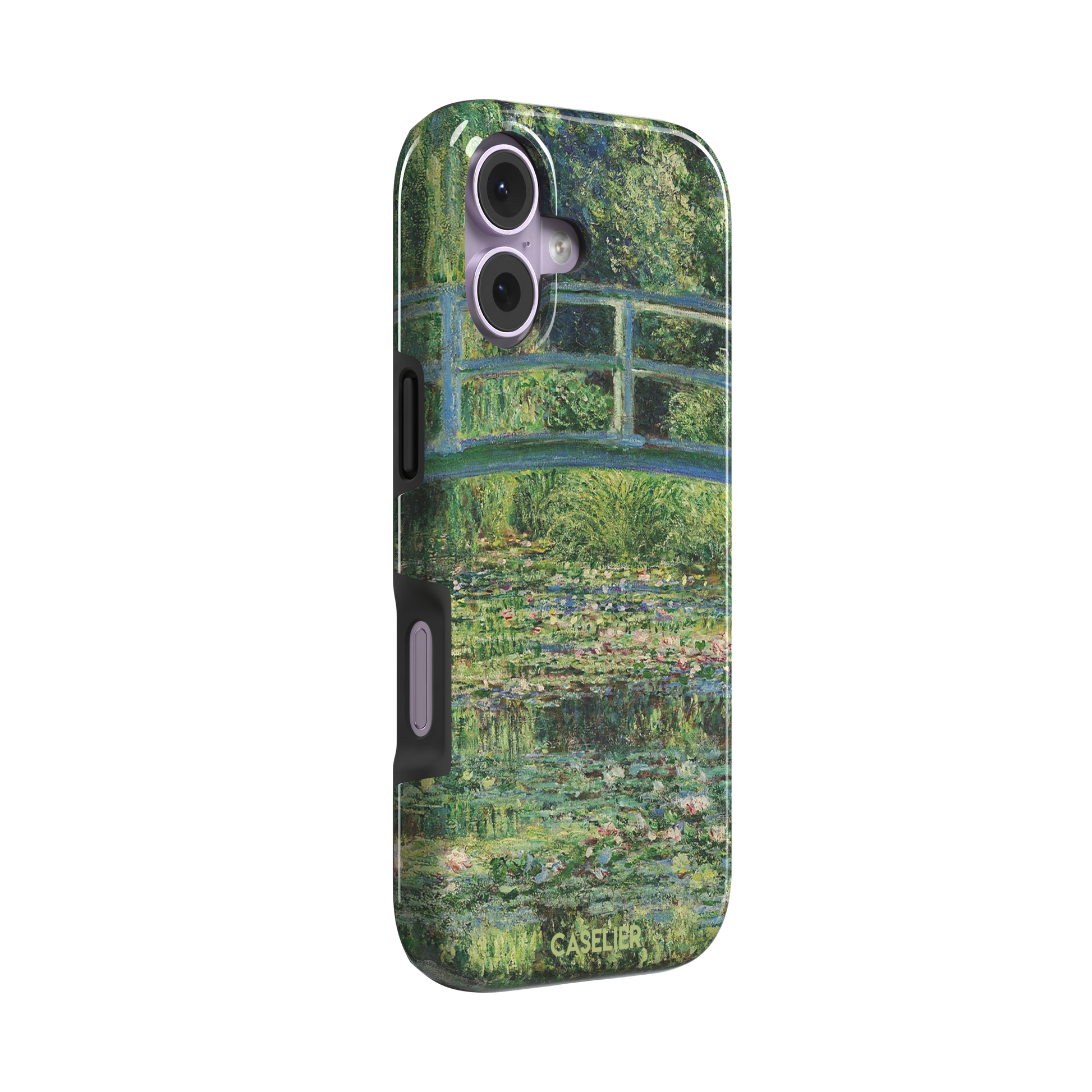 The Water Lily Pond by Claude Monet phone case showing the Japanese bridge over a green lily-covered pond with soft impressionist brushwork in deep greens and pink water lilies, phone case by Caselier — tough case, left view