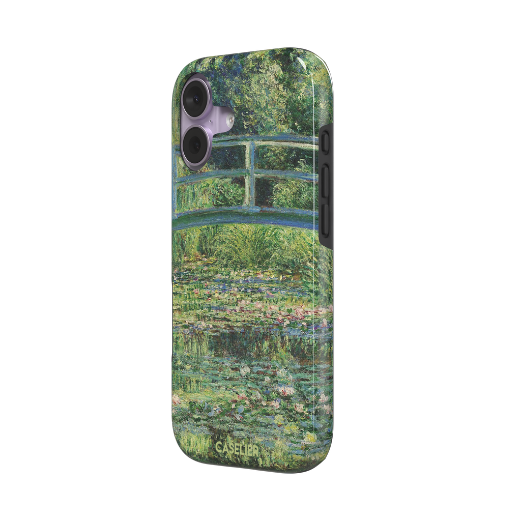 The Water Lily Pond by Claude Monet phone case showing the Japanese bridge over a green lily-covered pond with soft impressionist brushwork in deep greens and pink water lilies, phone case by Caselier — tough case, right view