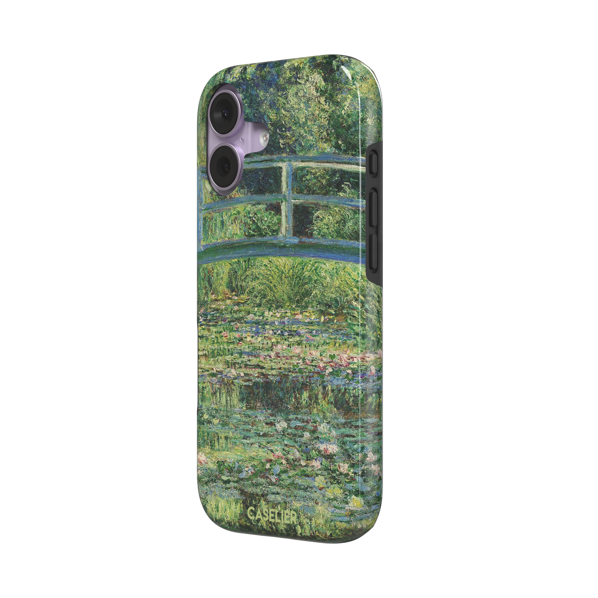 The Water Lily Pond by Claude Monet phone case showing the Japanese bridge over a green lily-covered pond with soft impressionist brushwork in deep greens and pink water lilies, phone case by Caselier — tough case, right view