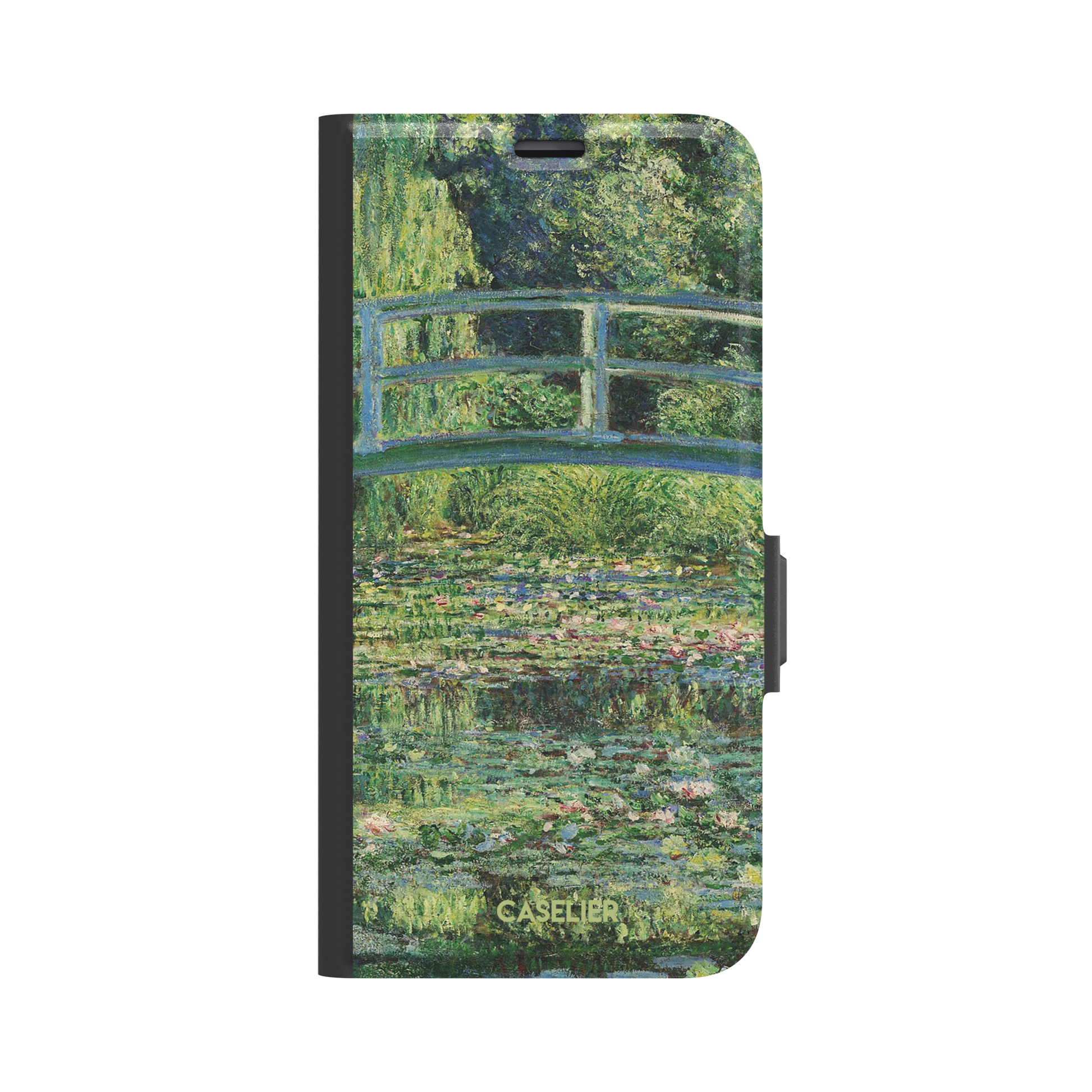 The Water Lily Pond by Claude Monet phone case showing the Japanese bridge over a green lily-covered pond with soft impressionist brushwork in deep greens and pink water lilies, phone case by Caselier — wallet case, front view