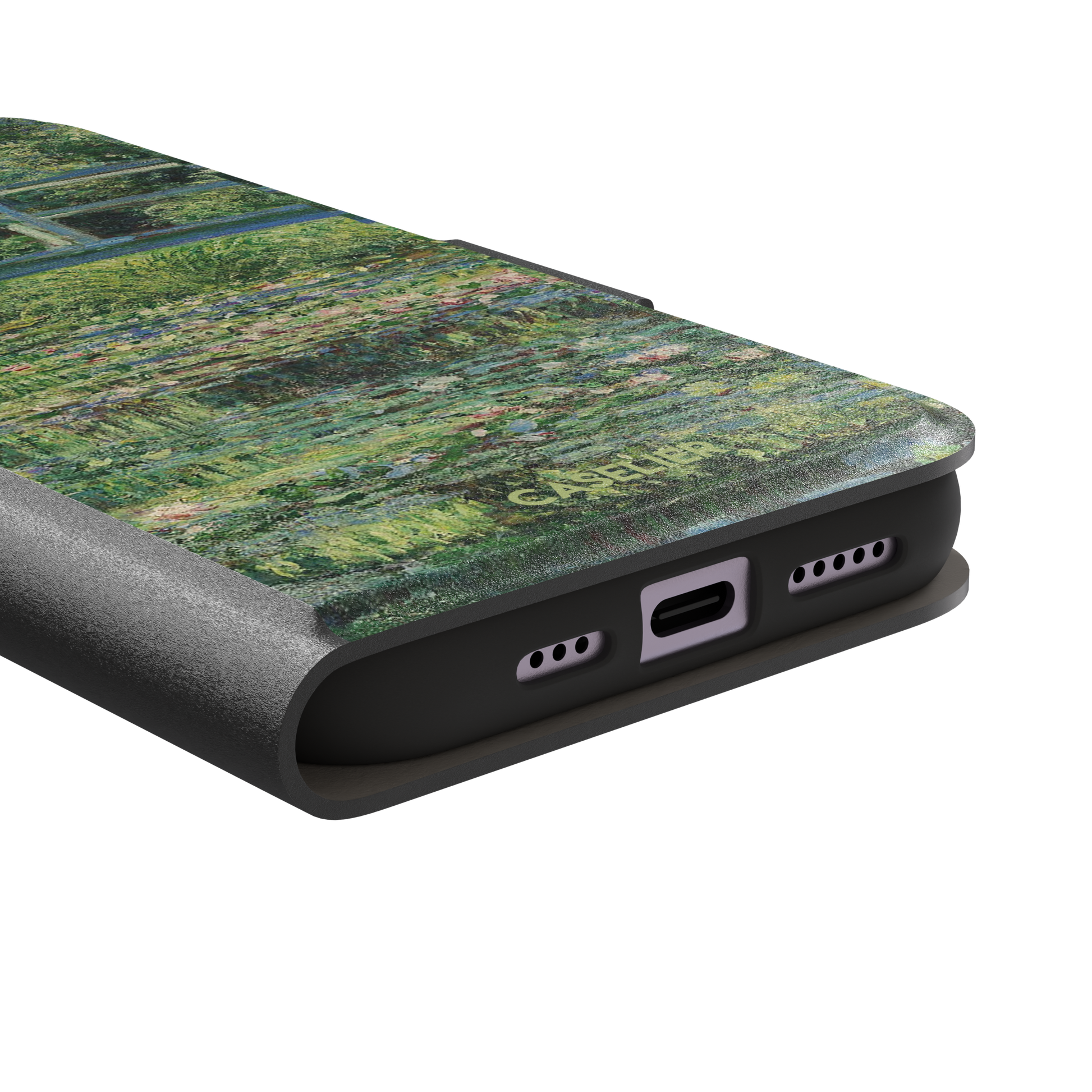 The Water Lily Pond by Claude Monet phone case showing the Japanese bridge over a green lily-covered pond with soft impressionist brushwork in deep greens and pink water lilies, phone case by Caselier — wallet case, charging port detail