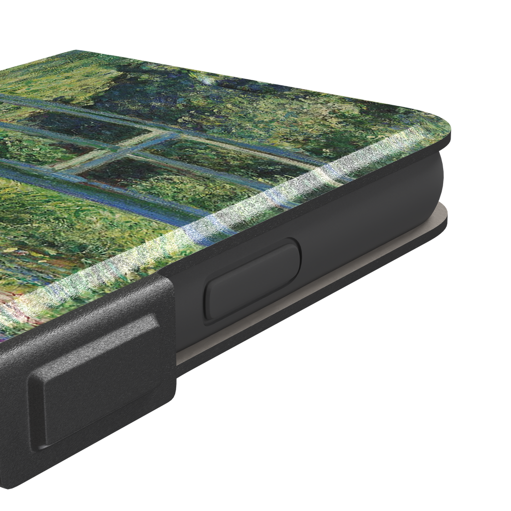 The Water Lily Pond by Claude Monet phone case showing the Japanese bridge over a green lily-covered pond with soft impressionist brushwork in deep greens and pink water lilies, phone case by Caselier — wallet case, volume buttons detail