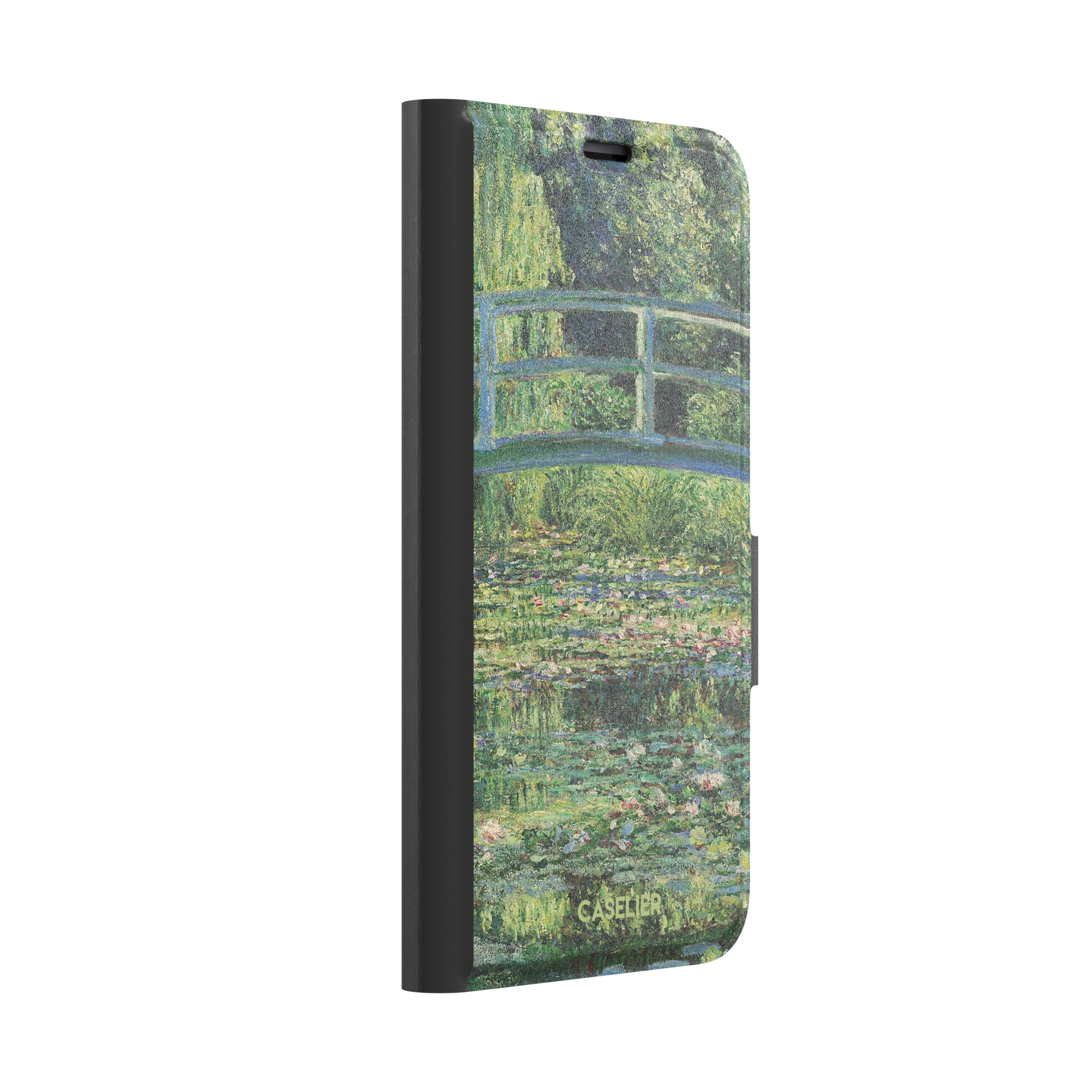 The Water Lily Pond by Claude Monet phone case showing the Japanese bridge over a green lily-covered pond with soft impressionist brushwork in deep greens and pink water lilies, phone case by Caselier — wallet case, left view