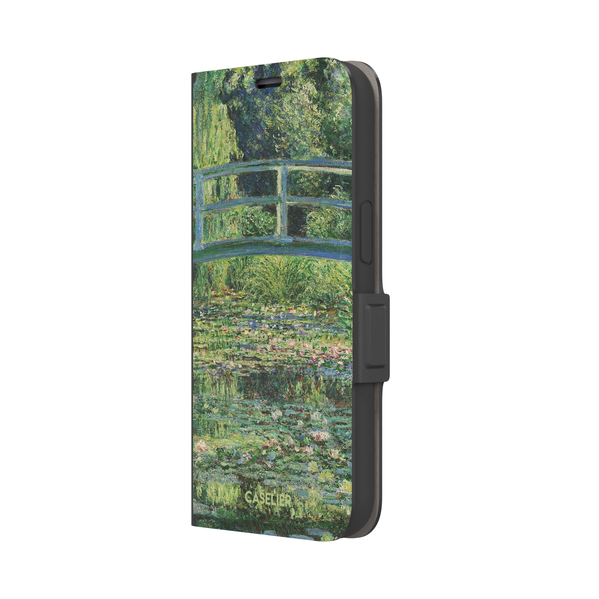 The Water Lily Pond by Claude Monet phone case showing the Japanese bridge over a green lily-covered pond with soft impressionist brushwork in deep greens and pink water lilies, phone case by Caselier — wallet case, right view