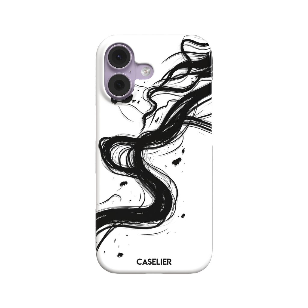 Thread of Life snap phone case in black with a fluid, ink-drawn thread dissolving into sweeping black brushstrokes against a white background. Front view, white background, phone case by Caselier