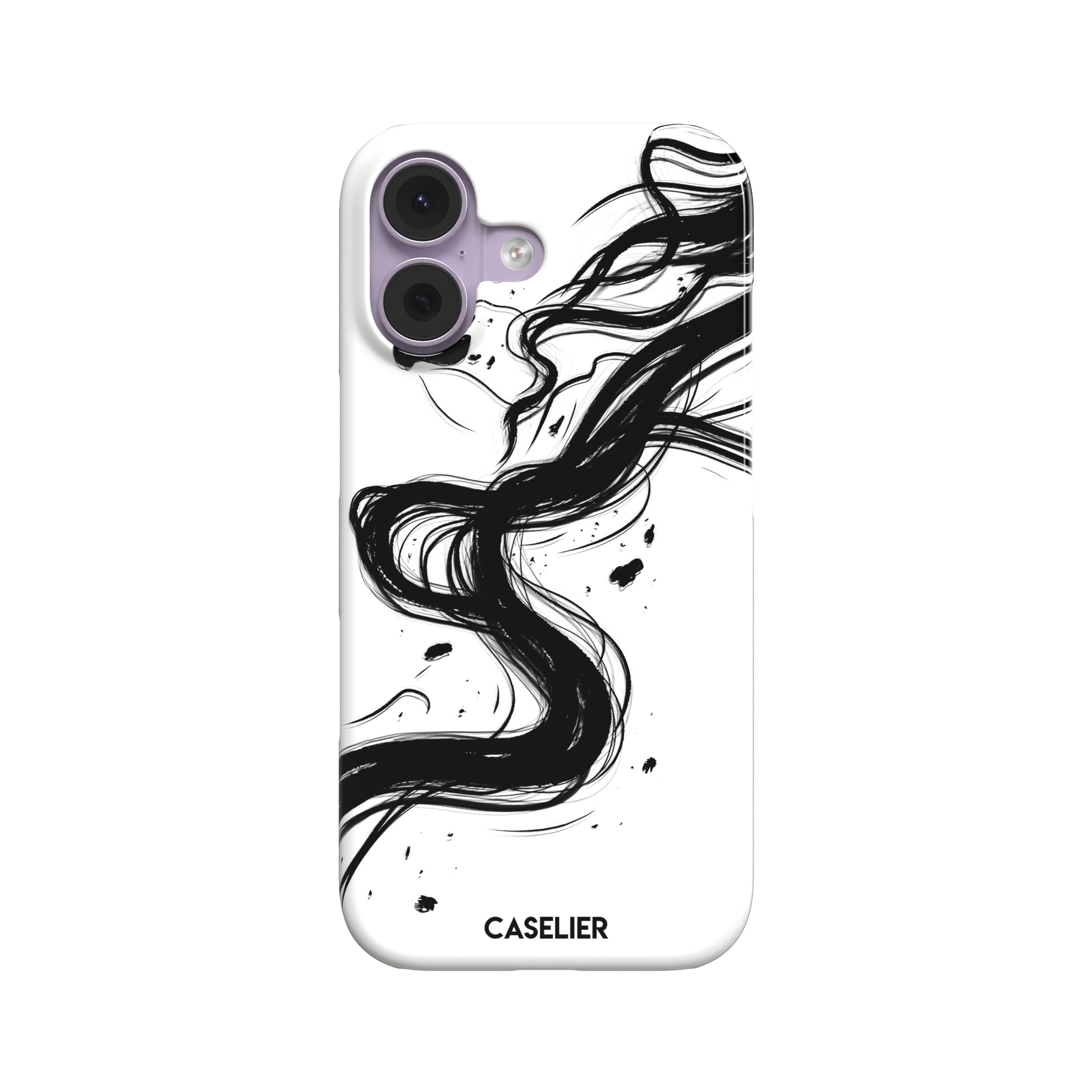 Thread of Life snap phone case in black with a fluid, ink-drawn thread dissolving into sweeping black brushstrokes against a white background. Front view, white background, phone case by Caselier