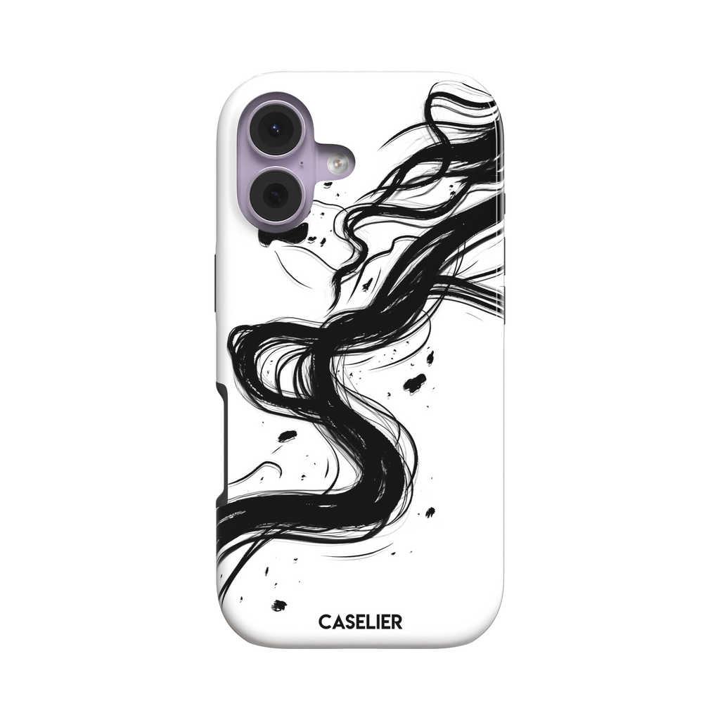 Thread of Life tough phone case in black with a fluid, ink-drawn thread dissolving into sweeping black brushstrokes against a white background. Front view, white background, phone case by Caselier