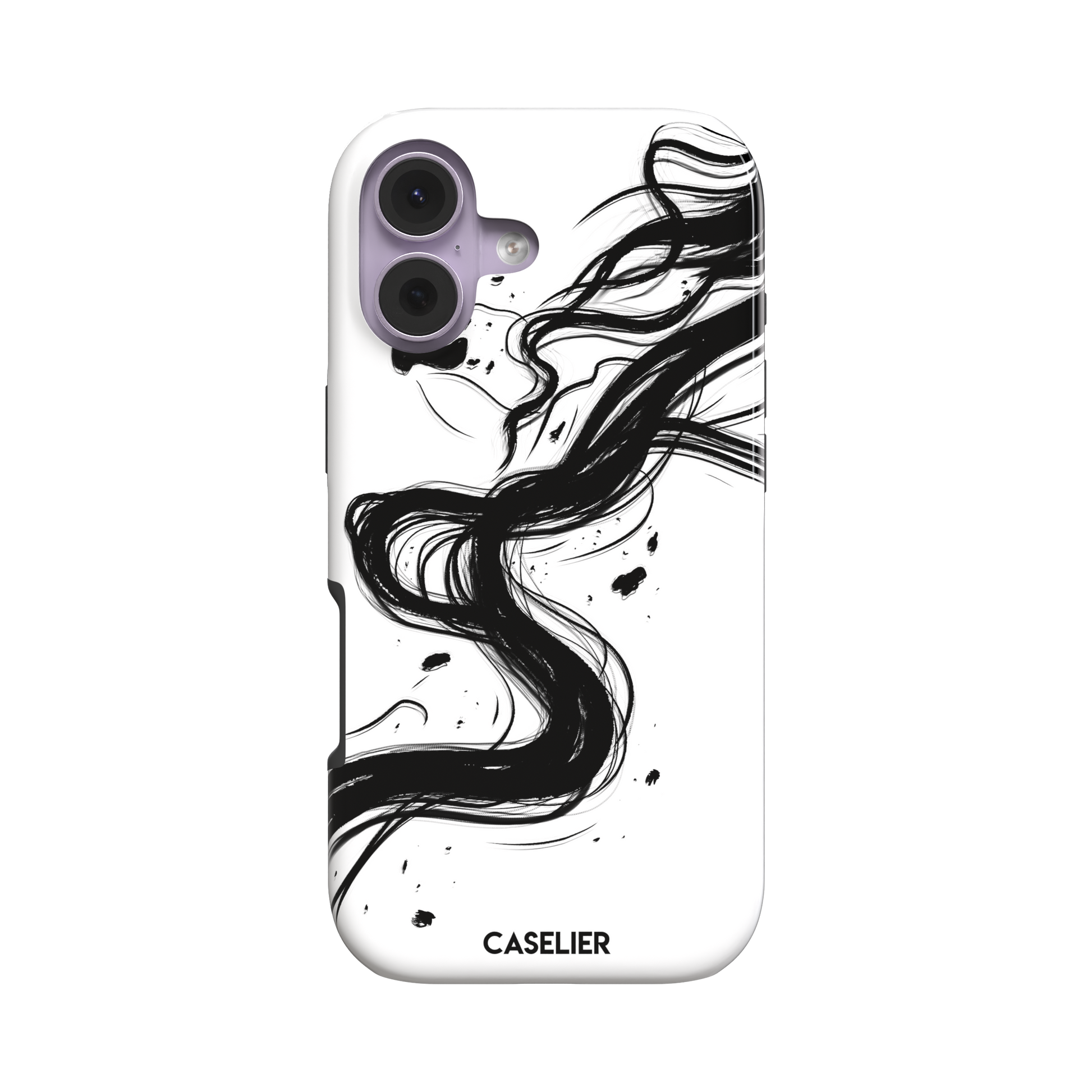Thread of Life tough phone case in black with a fluid, ink-drawn thread dissolving into sweeping black brushstrokes against a white background. Front view, white background, phone case by Caselier