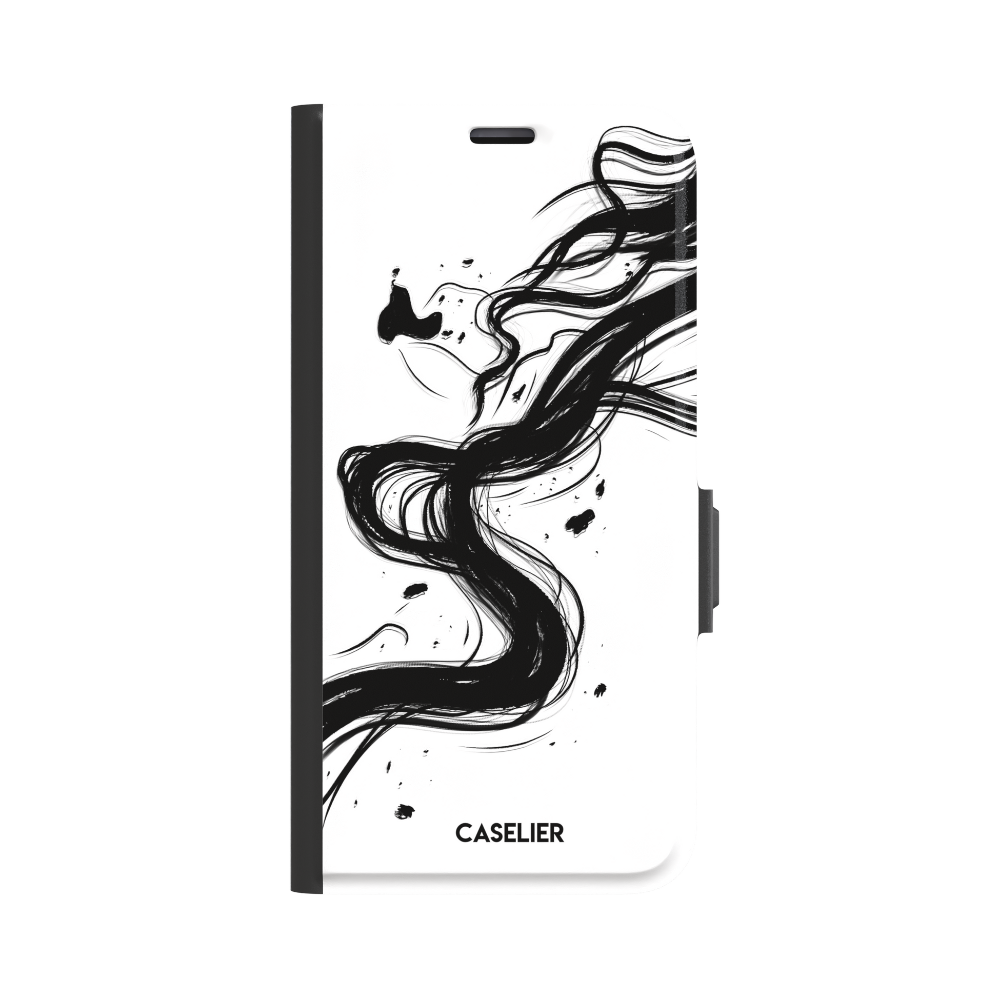 Thread of Life wallet phone case in black with a fluid, ink-drawn thread dissolving into sweeping black brushstrokes against a white background. Front view, white background, phone case by Caselier