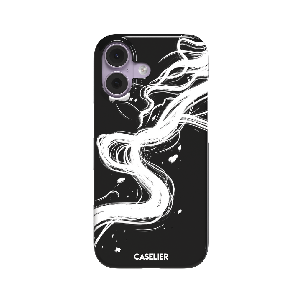 Thread of Life snap phone case in black with a fluid, ink-drawn thread dissolving into sweeping white brushstrokes against a deep black background. Front view, white background, phone case by Caselier