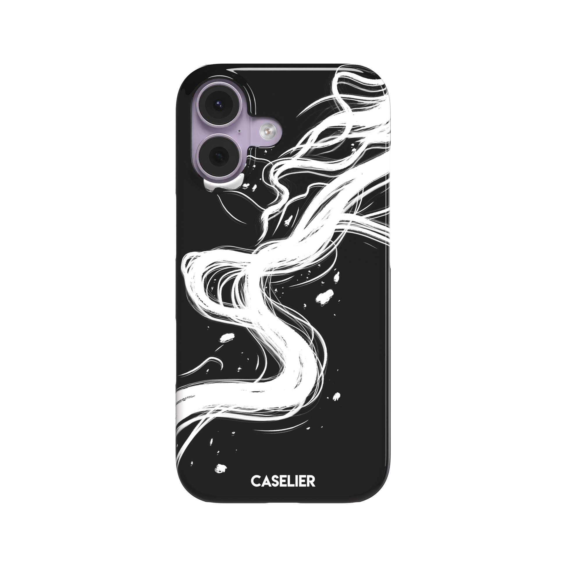 Thread of Life snap phone case in black with a fluid, ink-drawn thread dissolving into sweeping white brushstrokes against a deep black background. Front view, white background, phone case by Caselier