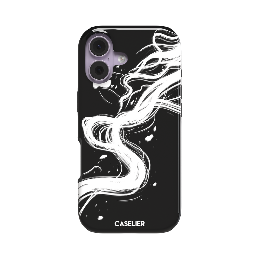 Thread of Life tough phone case in black with a fluid, ink-drawn thread dissolving into sweeping white brushstrokes against a deep black background. Front view, white background, phone case by Caselier