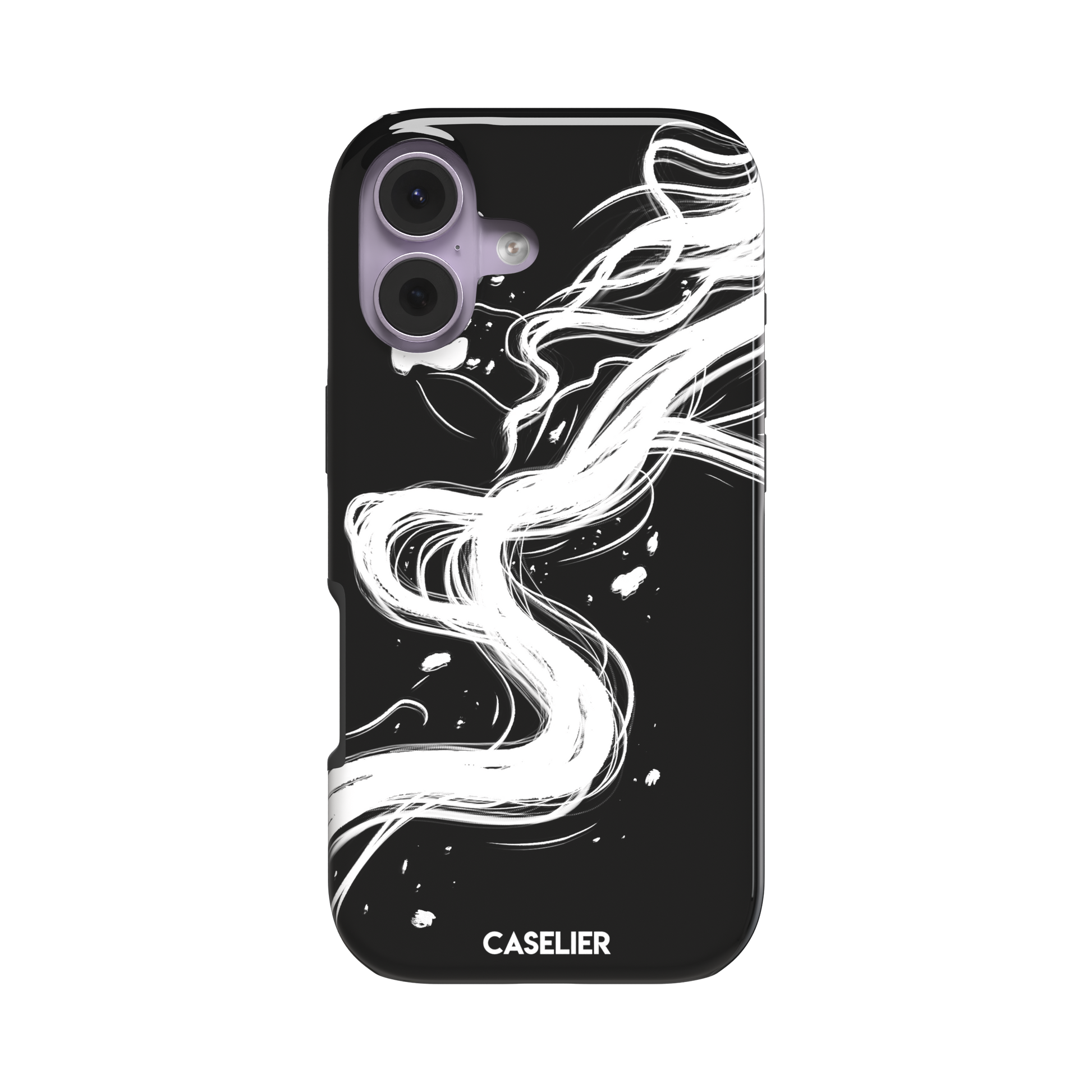 Thread of Life tough phone case in black with a fluid, ink-drawn thread dissolving into sweeping white brushstrokes against a deep black background. Front view, white background, phone case by Caselier