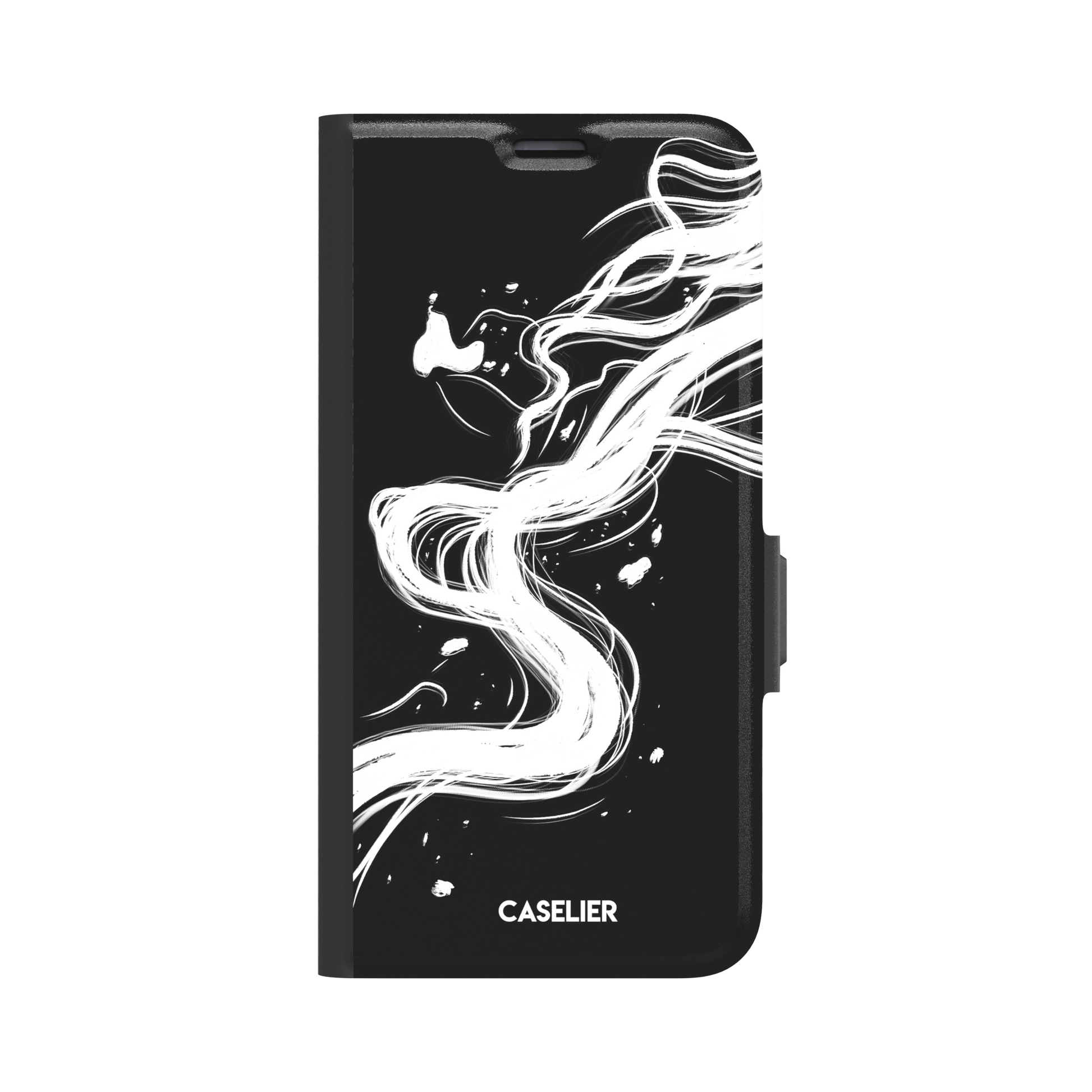 Thread of Life wallet phone case in black with a fluid, ink-drawn thread dissolving into sweeping white brushstrokes against a deep black background. Front view, white background, phone case by Caselier