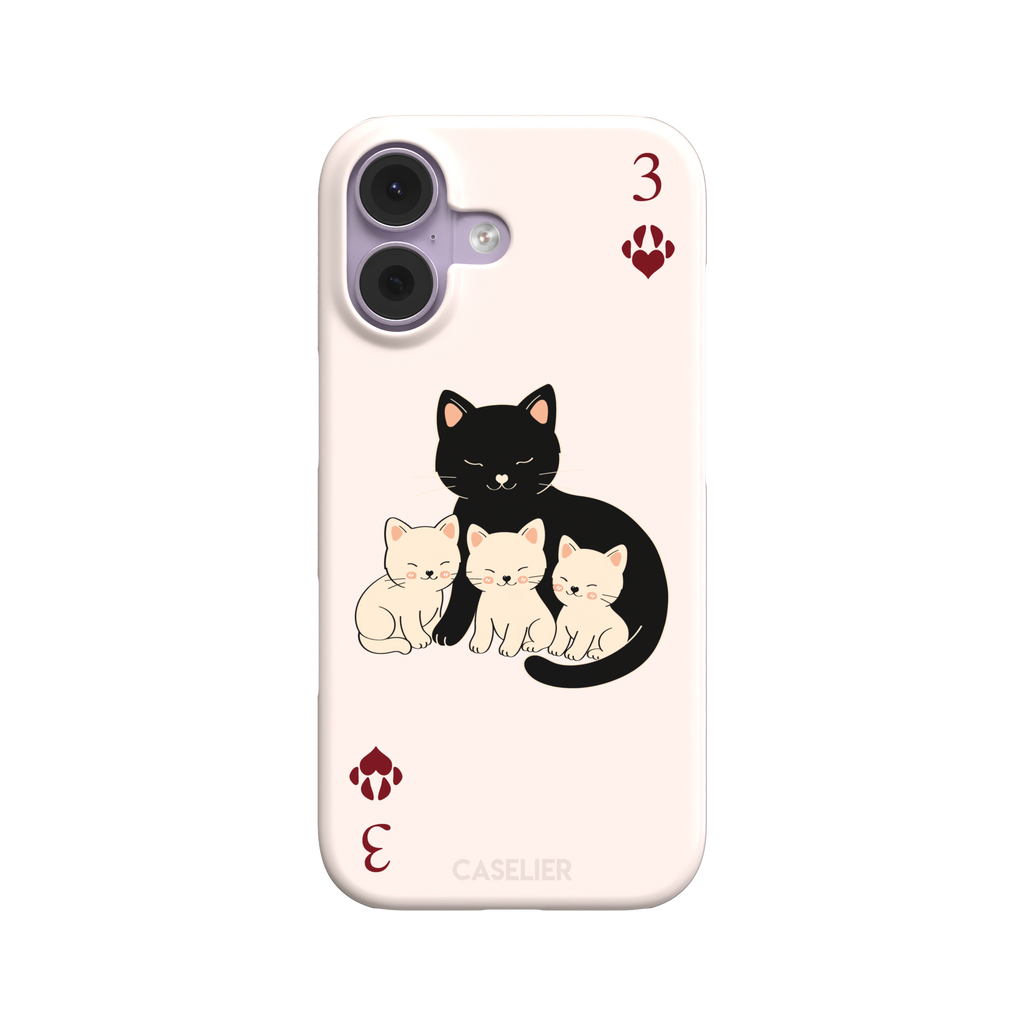 Three of Hearts phone case in blush pink with a black mother cat and three cream kittens in a playing card layout, dark red paw print suit markers, Paw Decks collection phone case by Caselier — snap case, front view