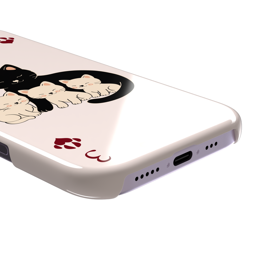 Three of Hearts phone case in blush pink with a black mother cat and three cream kittens in a playing card layout, dark red paw print suit markers, Paw Decks collection phone case by Caselier — snap case, charging port detail