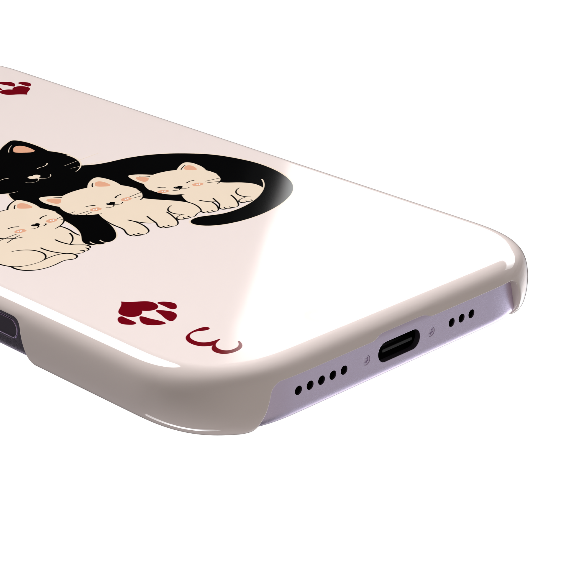 Three of Hearts phone case in blush pink with a black mother cat and three cream kittens in a playing card layout, dark red paw print suit markers, Paw Decks collection phone case by Caselier — snap case, charging port detail