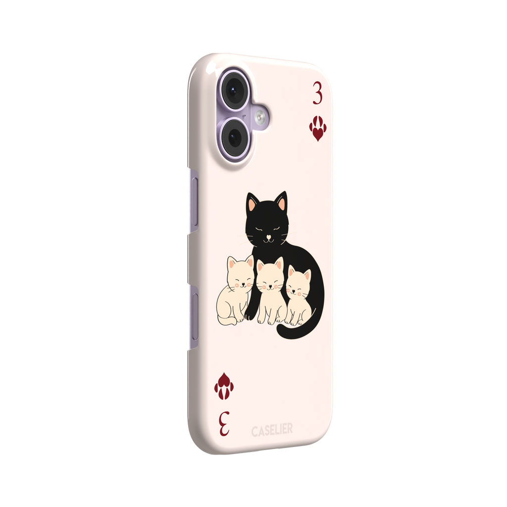 Three of Hearts phone case in blush pink with a black mother cat and three cream kittens in a playing card layout, dark red paw print suit markers, Paw Decks collection phone case by Caselier — snap case, left view