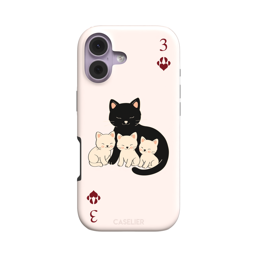 Three of Hearts phone case in blush pink with a black mother cat and three cream kittens in a playing card layout, dark red paw print suit markers, Paw Decks collection phone case by Caselier — tough case, front view