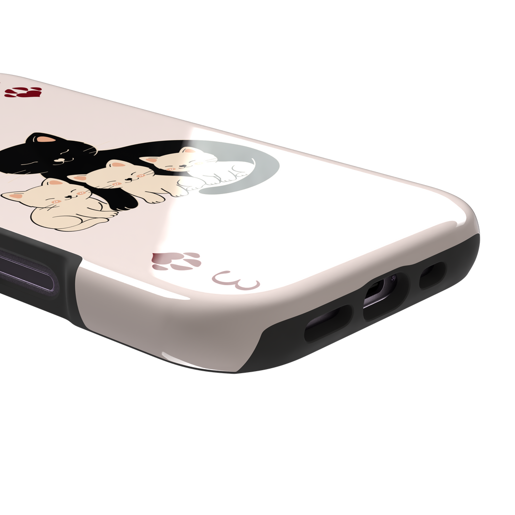 Three of Hearts phone case in blush pink with a black mother cat and three cream kittens in a playing card layout, dark red paw print suit markers, Paw Decks collection phone case by Caselier — tough case, charging port detail