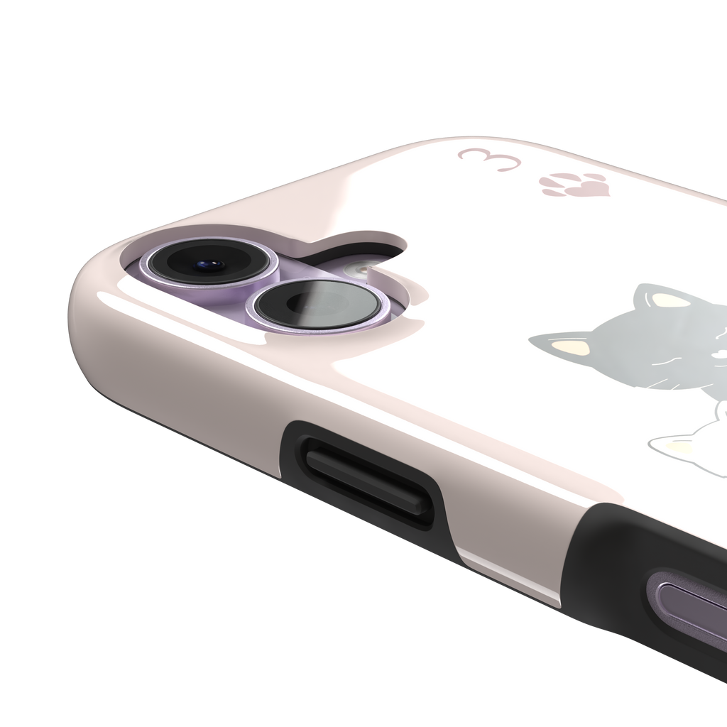 Three of Hearts phone case in blush pink with a black mother cat and three cream kittens in a playing card layout, dark red paw print suit markers, Paw Decks collection phone case by Caselier — tough case, volume buttons detail