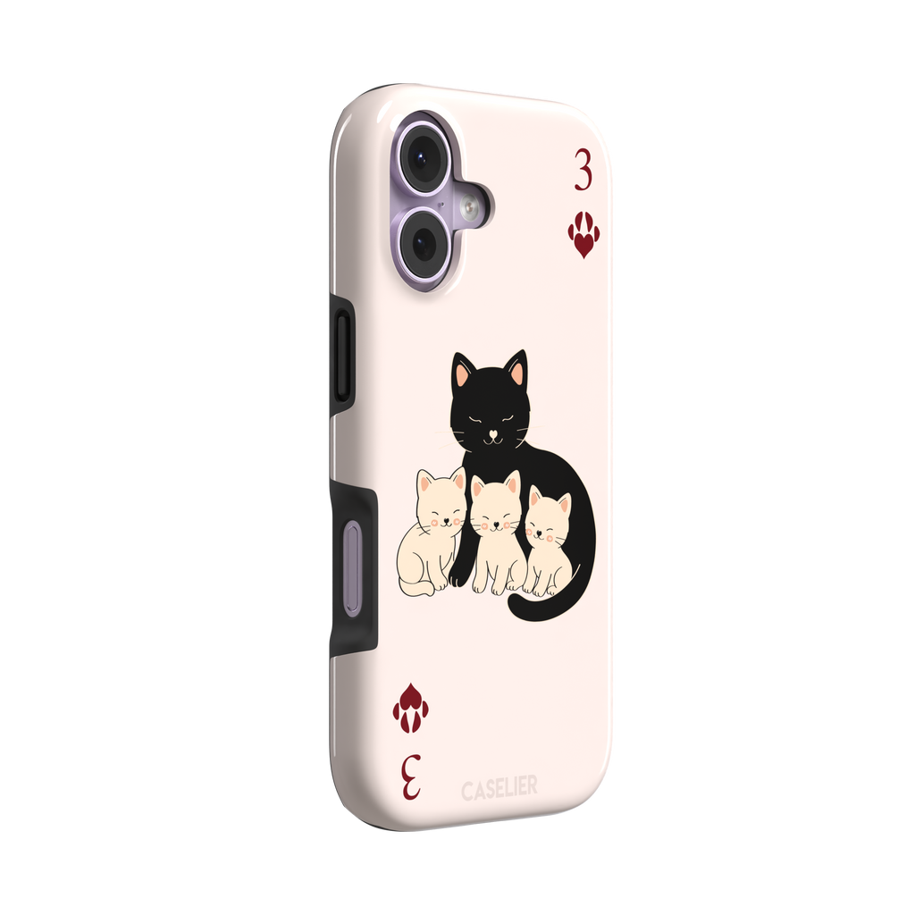 Three of Hearts phone case in blush pink with a black mother cat and three cream kittens in a playing card layout, dark red paw print suit markers, Paw Decks collection phone case by Caselier — tough case, left view
