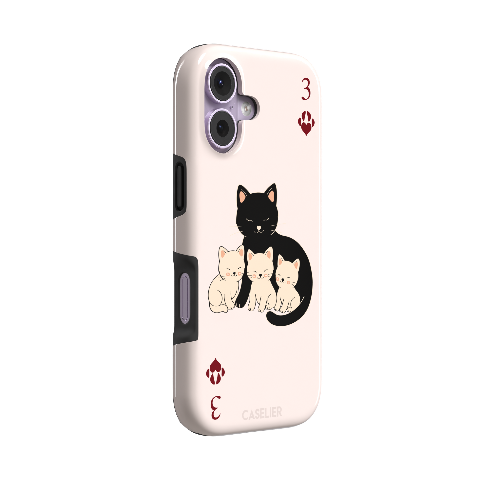 Three of Hearts phone case in blush pink with a black mother cat and three cream kittens in a playing card layout, dark red paw print suit markers, Paw Decks collection phone case by Caselier — tough case, left view