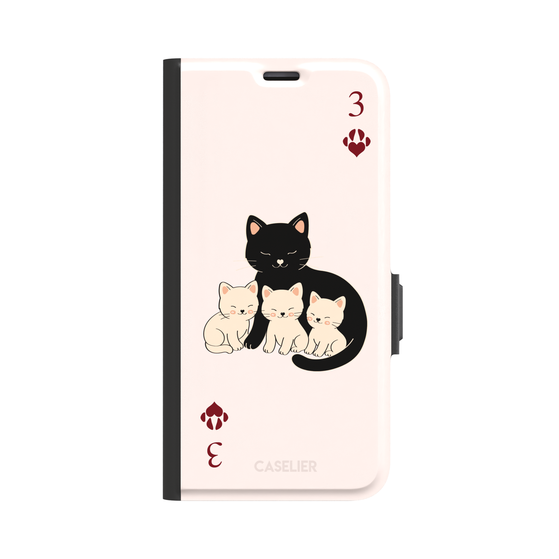 Three of Hearts phone case in blush pink with a black mother cat and three cream kittens in a playing card layout, dark red paw print suit markers, Paw Decks collection phone case by Caselier — wallet case, front view