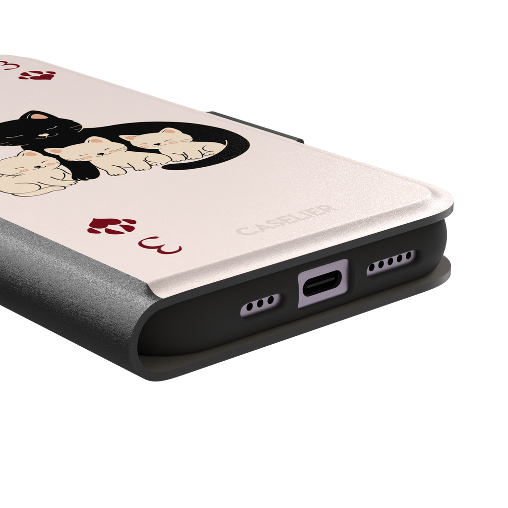 Three of Hearts phone case in blush pink with a black mother cat and three cream kittens in a playing card layout, dark red paw print suit markers, Paw Decks collection phone case by Caselier — wallet case, charging port detail