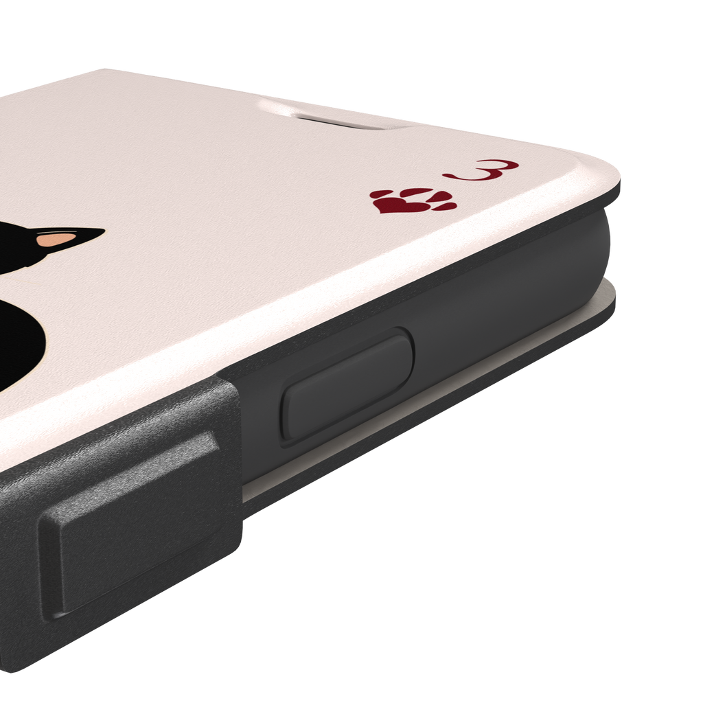 Three of Hearts phone case in blush pink with a black mother cat and three cream kittens in a playing card layout, dark red paw print suit markers, Paw Decks collection phone case by Caselier — wallet case, volume buttons detail