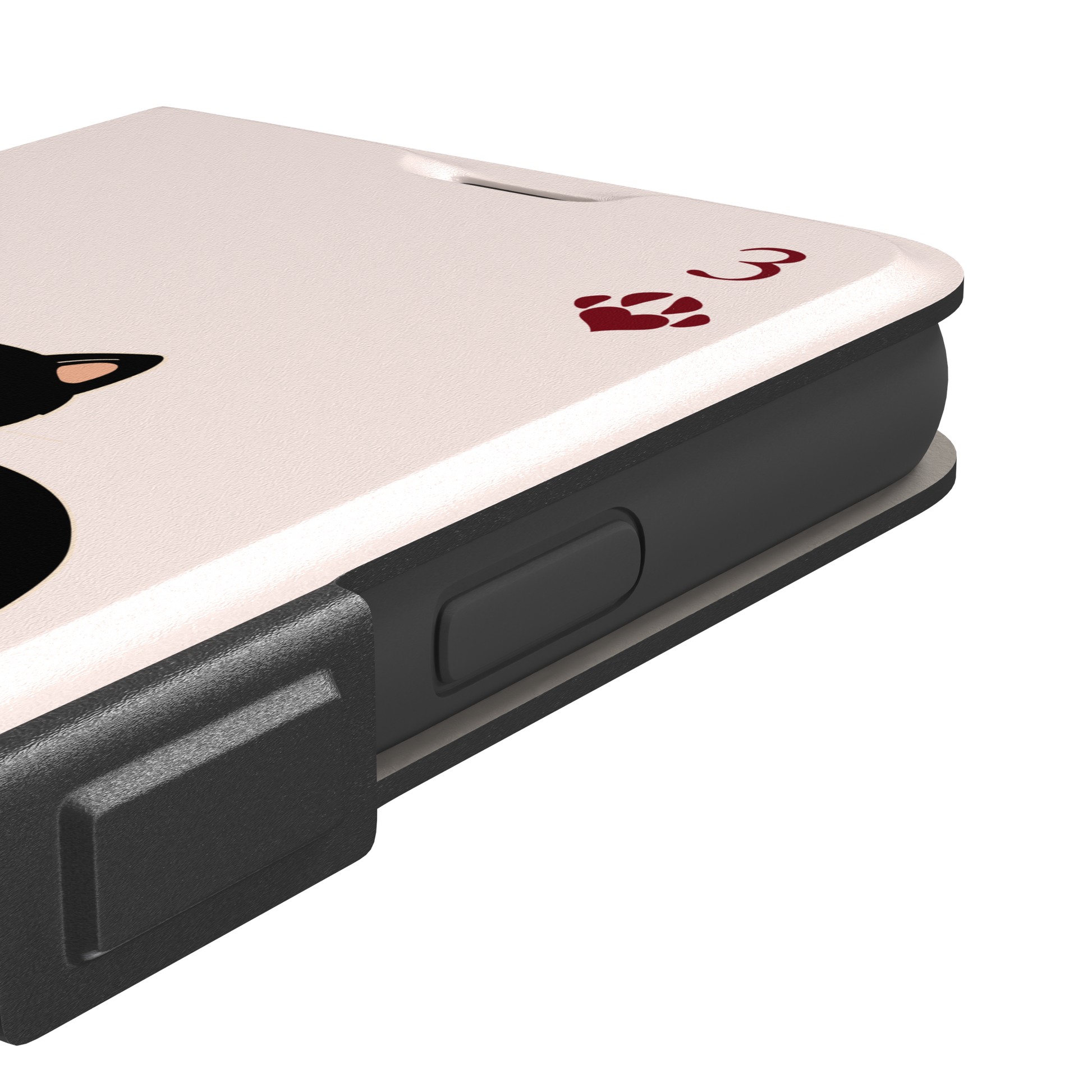 Three of Hearts phone case in blush pink with a black mother cat and three cream kittens in a playing card layout, dark red paw print suit markers, Paw Decks collection phone case by Caselier — wallet case, volume buttons detail