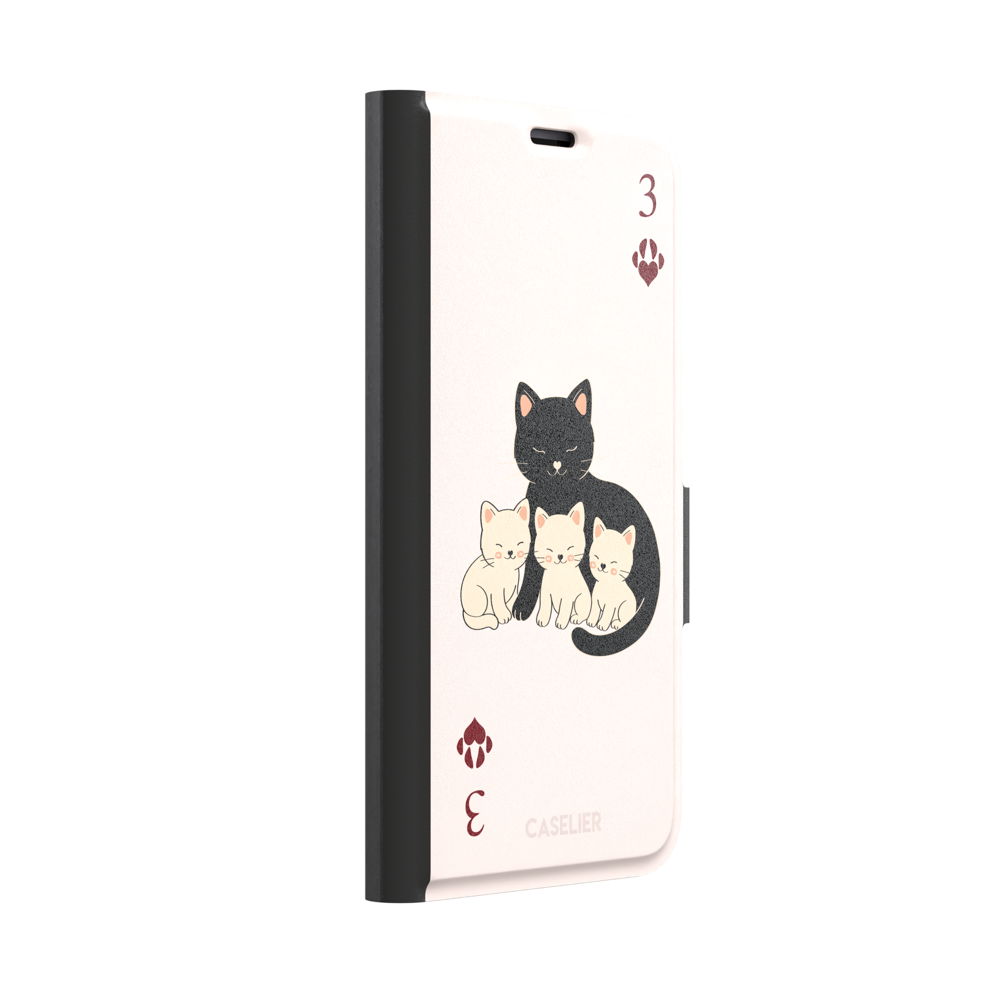 Three of Hearts phone case in blush pink with a black mother cat and three cream kittens in a playing card layout, dark red paw print suit markers, Paw Decks collection phone case by Caselier — wallet case, left view