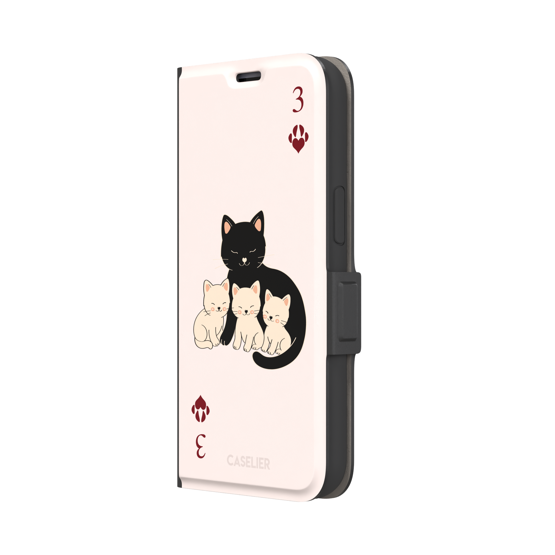 Three of Hearts phone case in blush pink with a black mother cat and three cream kittens in a playing card layout, dark red paw print suit markers, Paw Decks collection phone case by Caselier — wallet case, right view