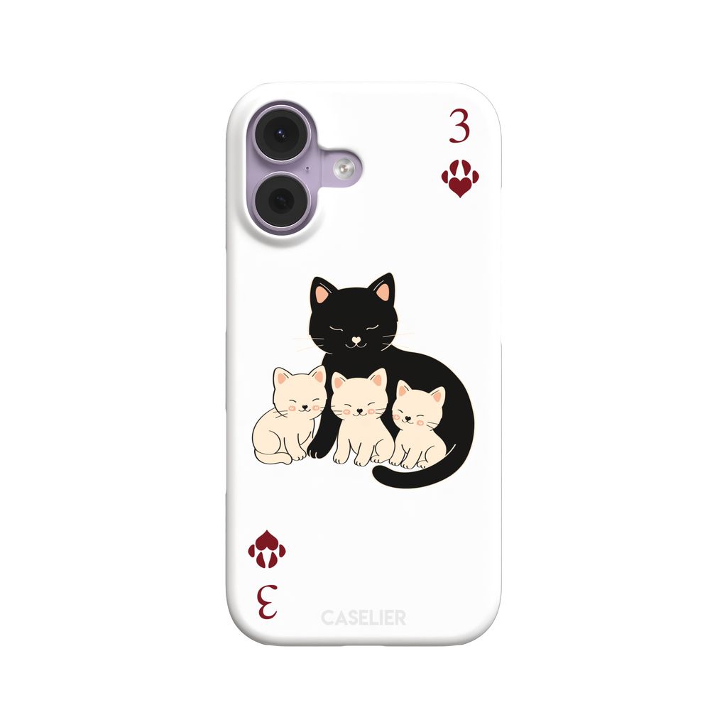 Three of Hearts phone case in white with a black mother cat and three cream kittens in a playing card layout, dark red paw print suit markers, Paw Decks collection phone case by Caselier — snap case, front view