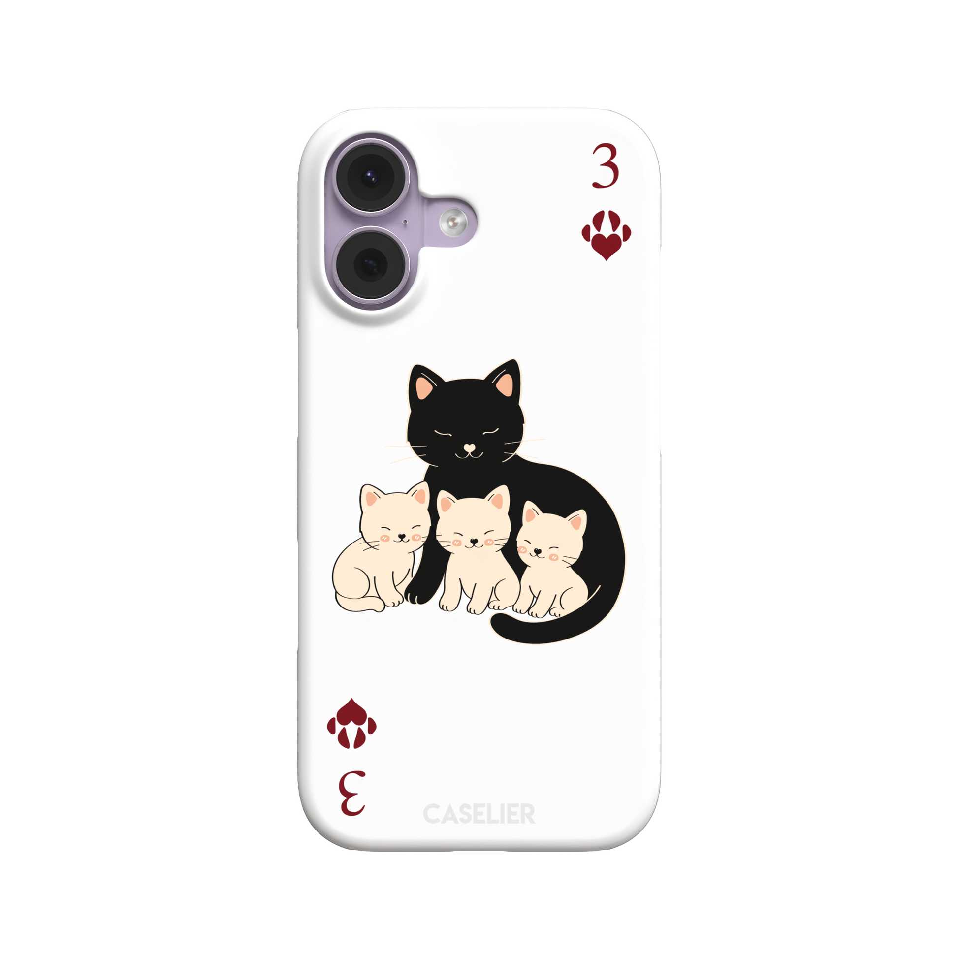 Three of Hearts phone case in white with a black mother cat and three cream kittens in a playing card layout, dark red paw print suit markers, Paw Decks collection phone case by Caselier — snap case, front view