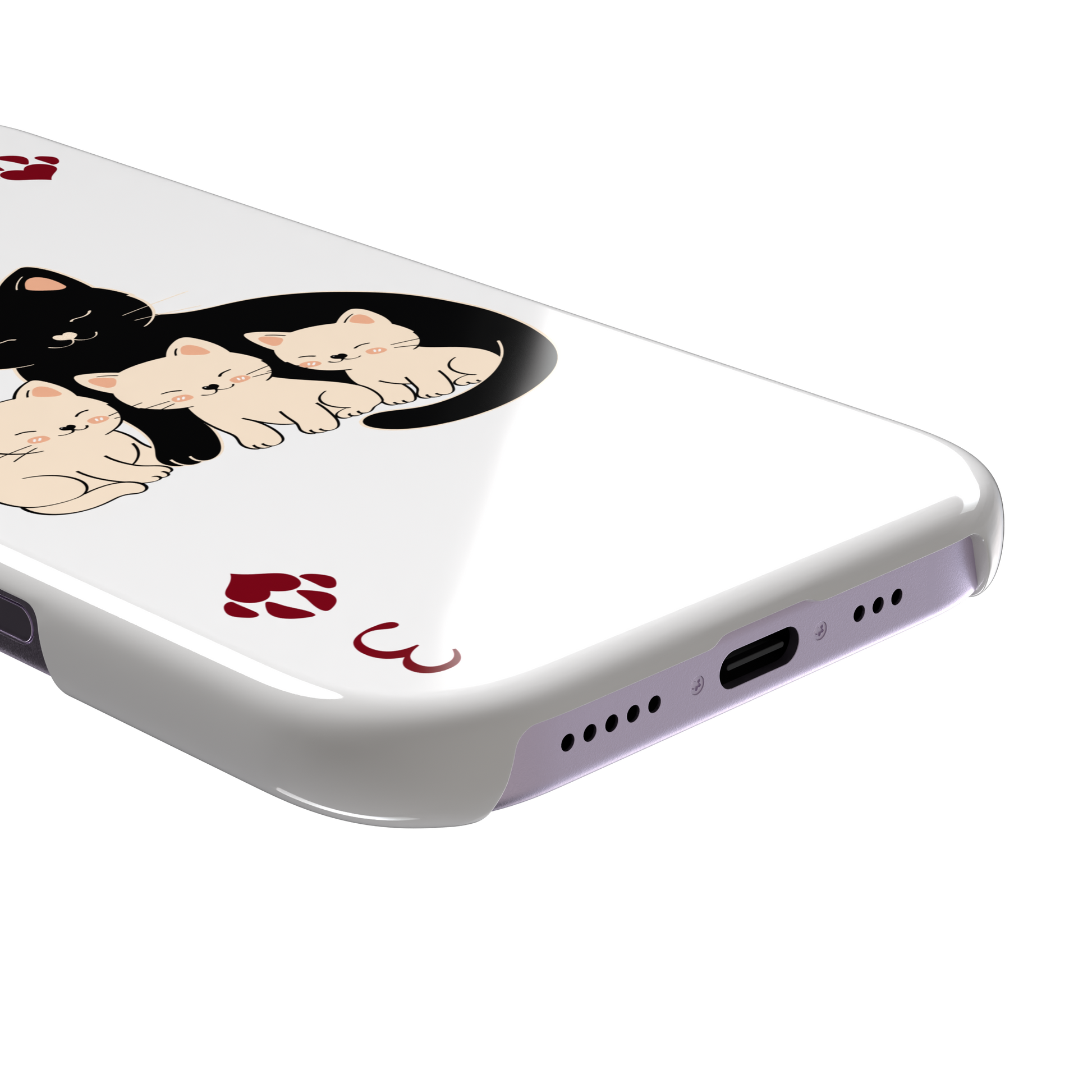 Three of Hearts phone case in white with a black mother cat and three cream kittens in a playing card layout, dark red paw print suit markers, Paw Decks collection phone case by Caselier — snap case, charging port detail