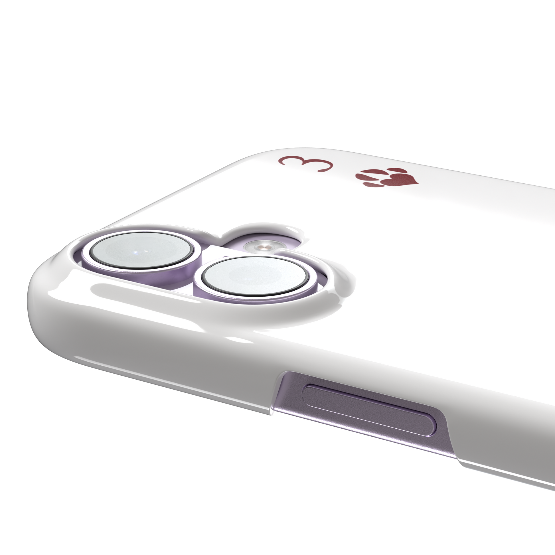 Three of Hearts phone case in white with a black mother cat and three cream kittens in a playing card layout, dark red paw print suit markers, Paw Decks collection phone case by Caselier — snap case, volume buttons detail