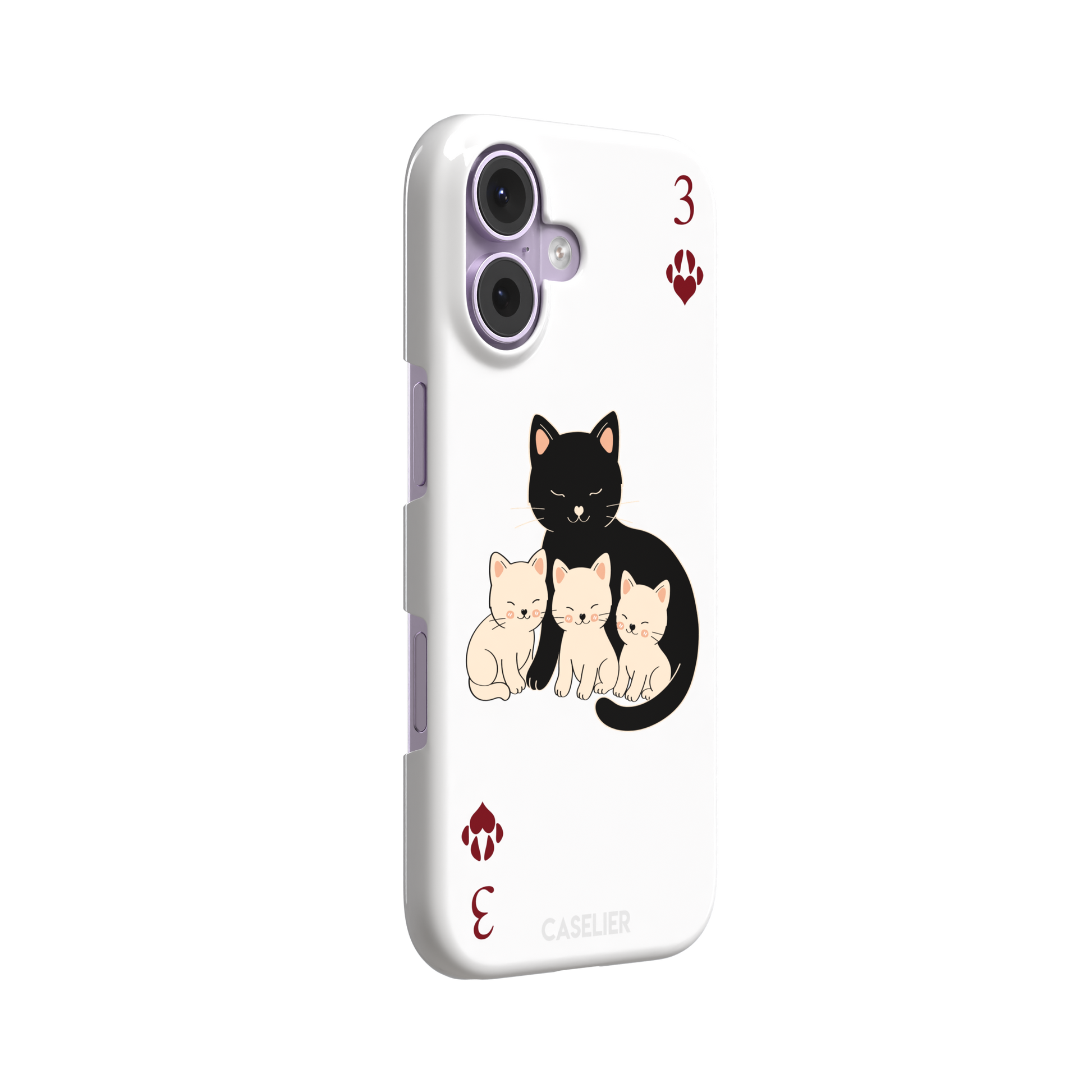 Three of Hearts phone case in white with a black mother cat and three cream kittens in a playing card layout, dark red paw print suit markers, Paw Decks collection phone case by Caselier — snap case, left view