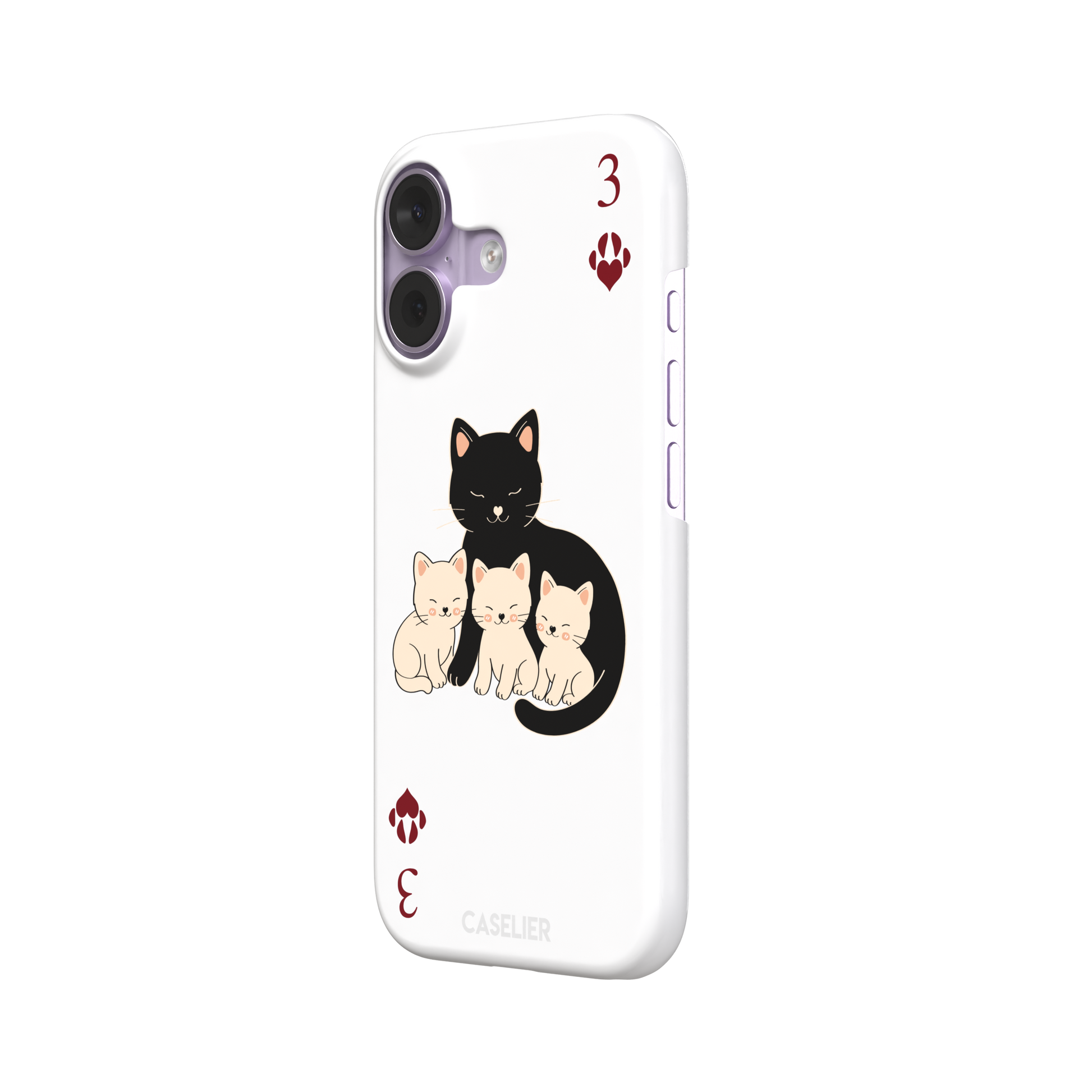 Three of Hearts phone case in white with a black mother cat and three cream kittens in a playing card layout, dark red paw print suit markers, Paw Decks collection phone case by Caselier — snap case, right view