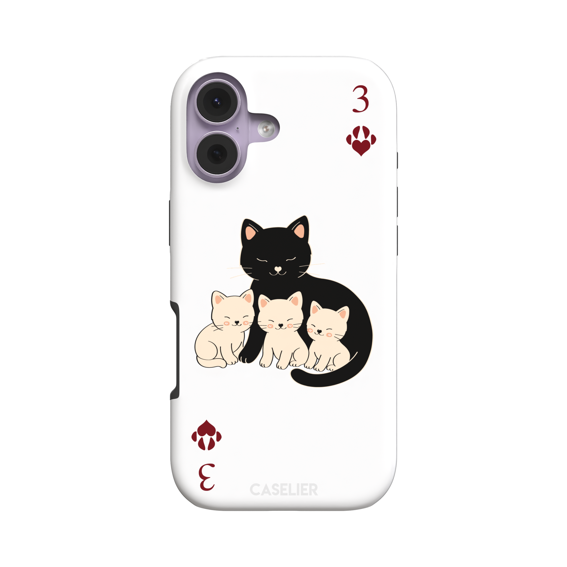 Three of Hearts phone case in white with a black mother cat and three cream kittens in a playing card layout, dark red paw print suit markers, Paw Decks collection phone case by Caselier — tough case, front view