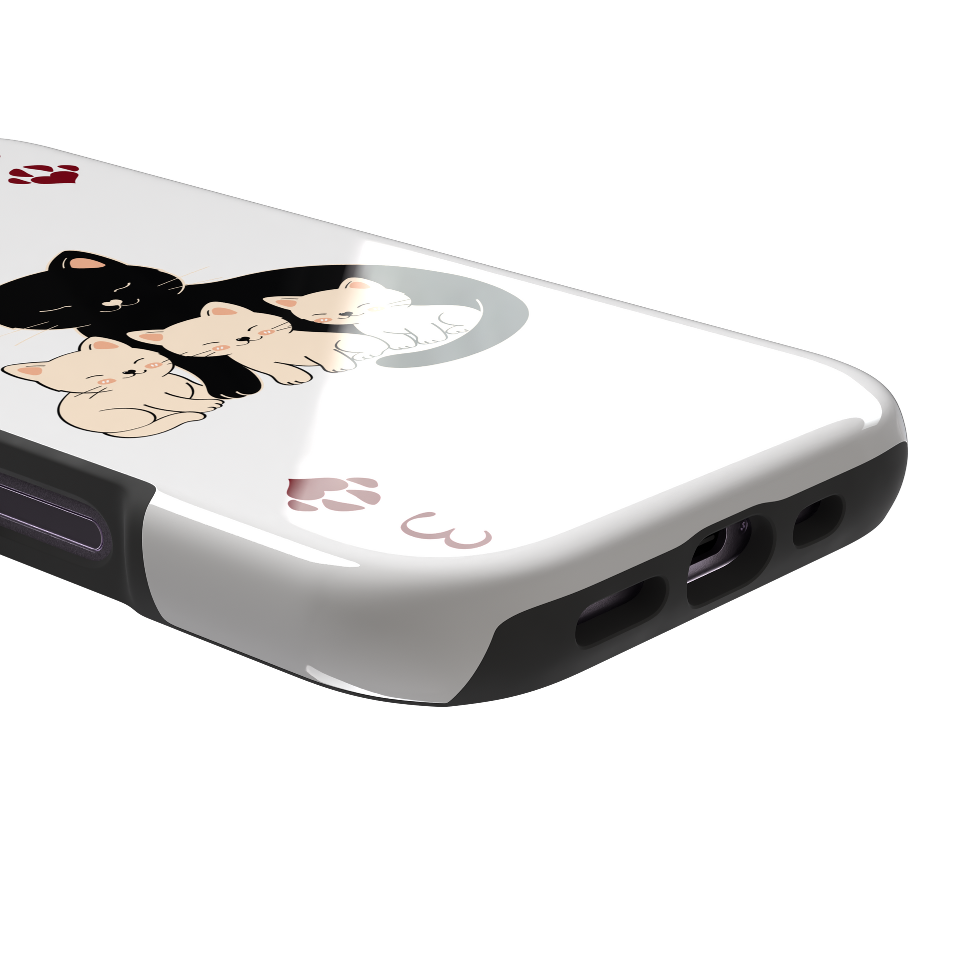 Three of Hearts phone case in white with a black mother cat and three cream kittens in a playing card layout, dark red paw print suit markers, Paw Decks collection phone case by Caselier — tough case, charging port detail
