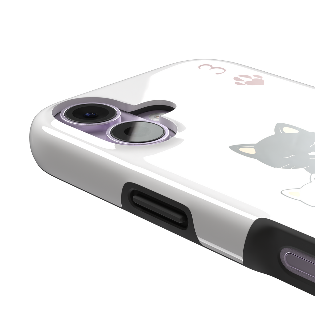 Three of Hearts phone case in white with a black mother cat and three cream kittens in a playing card layout, dark red paw print suit markers, Paw Decks collection phone case by Caselier — tough case, volume buttons detail