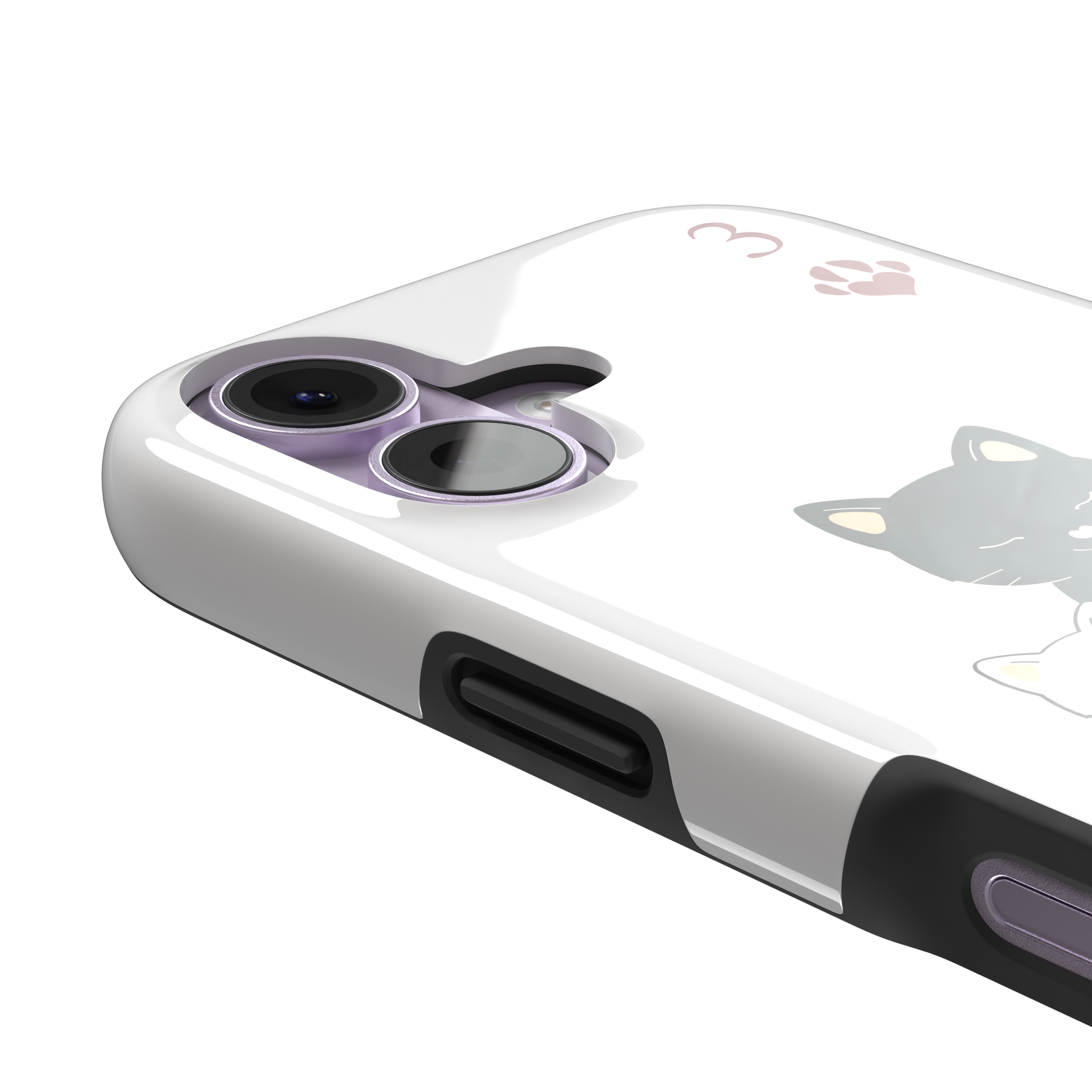 Three of Hearts phone case in white with a black mother cat and three cream kittens in a playing card layout, dark red paw print suit markers, Paw Decks collection phone case by Caselier — tough case, volume buttons detail