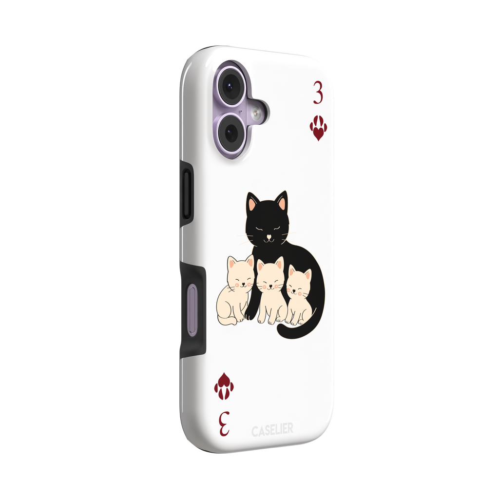 Three of Hearts phone case in white with a black mother cat and three cream kittens in a playing card layout, dark red paw print suit markers, Paw Decks collection phone case by Caselier — tough case, left view