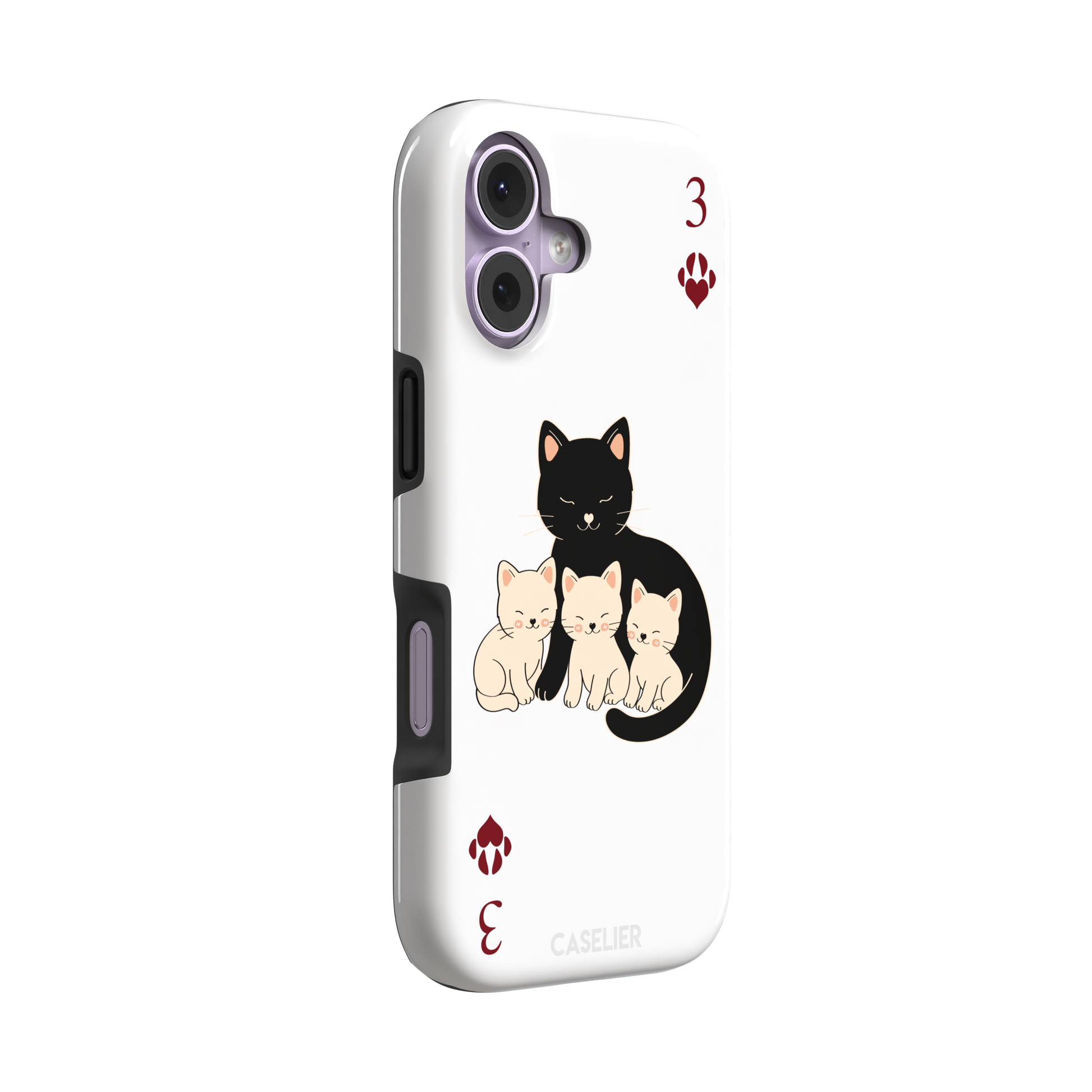 Three of Hearts phone case in white with a black mother cat and three cream kittens in a playing card layout, dark red paw print suit markers, Paw Decks collection phone case by Caselier — tough case, left view
